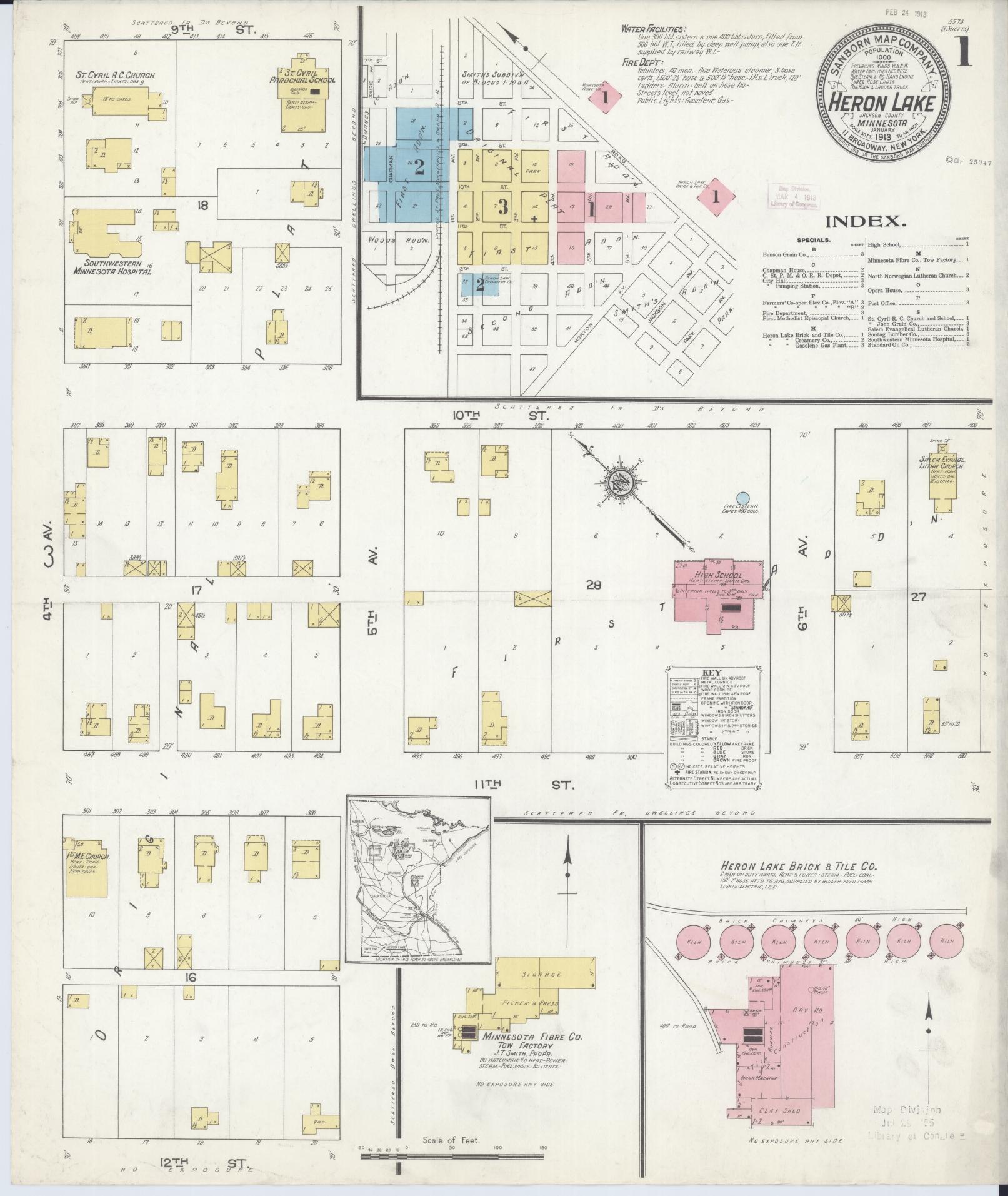 Sanborn Fire Insurance Map from Heron Lake, Jackson County, Minnesota (1913), Sheet #0001 - Complete Map Set gallery image, historic Sanborn map, vintage wall art, Minnesota Minnesota