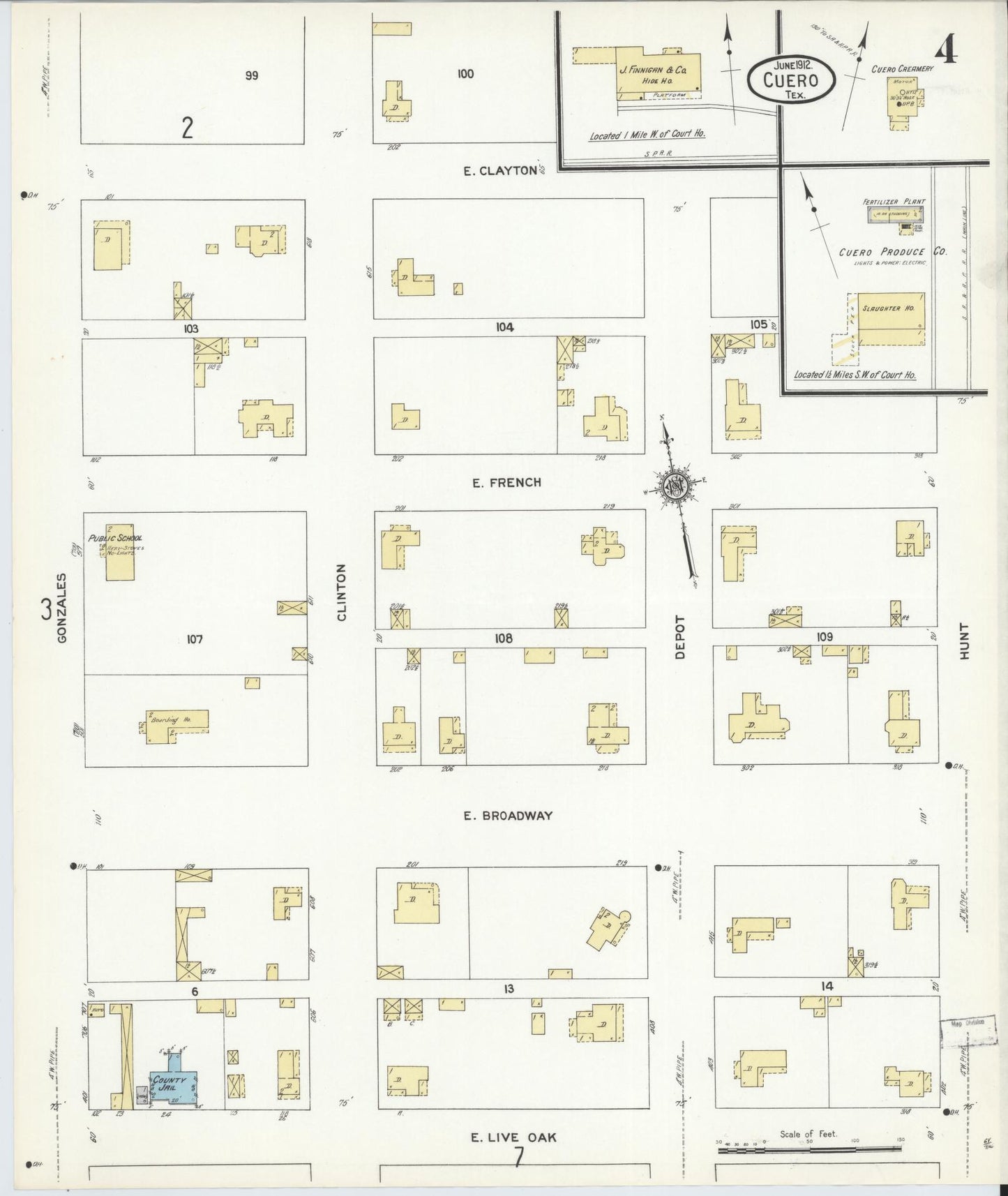 Sanborn Fire Insurance Map from Cuero, De Witt County, Texas (1912), Sheet #0004 - Historic Sanborn Fire Insurance Map Print, vintage old map wall art, antique decor, genealogy gift, Texas Texas map