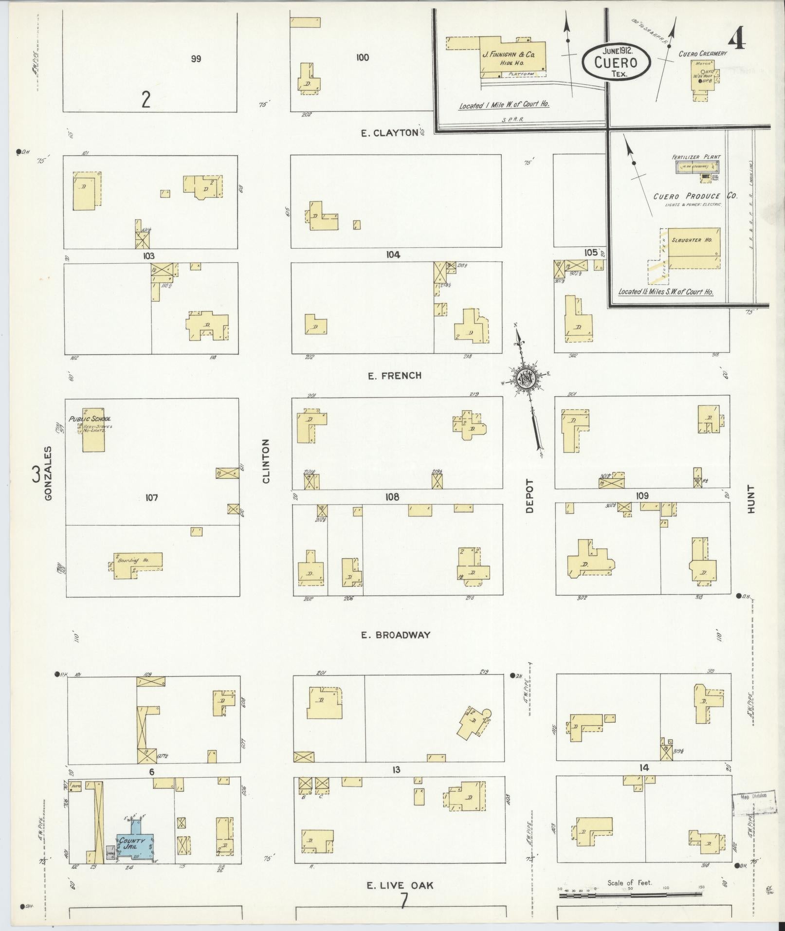 Sanborn Fire Insurance Map from Cuero, De Witt County, Texas (1912), Sheet #0004 - Historic Sanborn Fire Insurance Map Print, vintage old map wall art, antique decor, genealogy gift, Texas Texas map