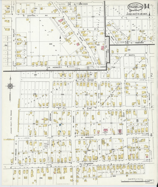 Sanborn Fire Insurance Map from Franklin, Johnson County, Indiana (1916), Sheet #0014 - Historic Sanborn Fire Insurance Map Print, vintage old map wall art, antique decor, genealogy gift, Indiana Indiana map
