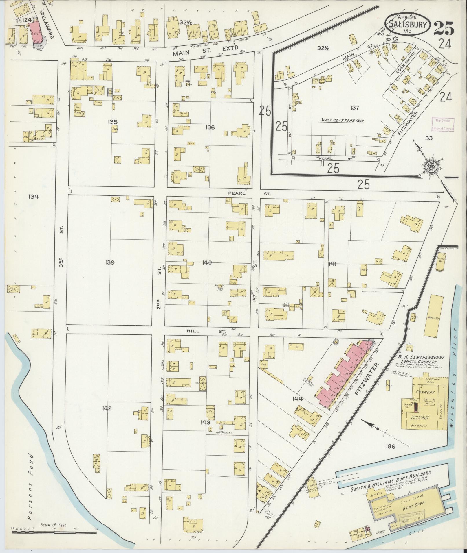 Sanborn Fire Insurance Map from Salisbury, Wicomico County, Maryland (1916), Sheet #0025 - Historic Sanborn Fire Insurance Map Print, vintage old map wall art, antique decor, genealogy gift, Maryland Maryland map