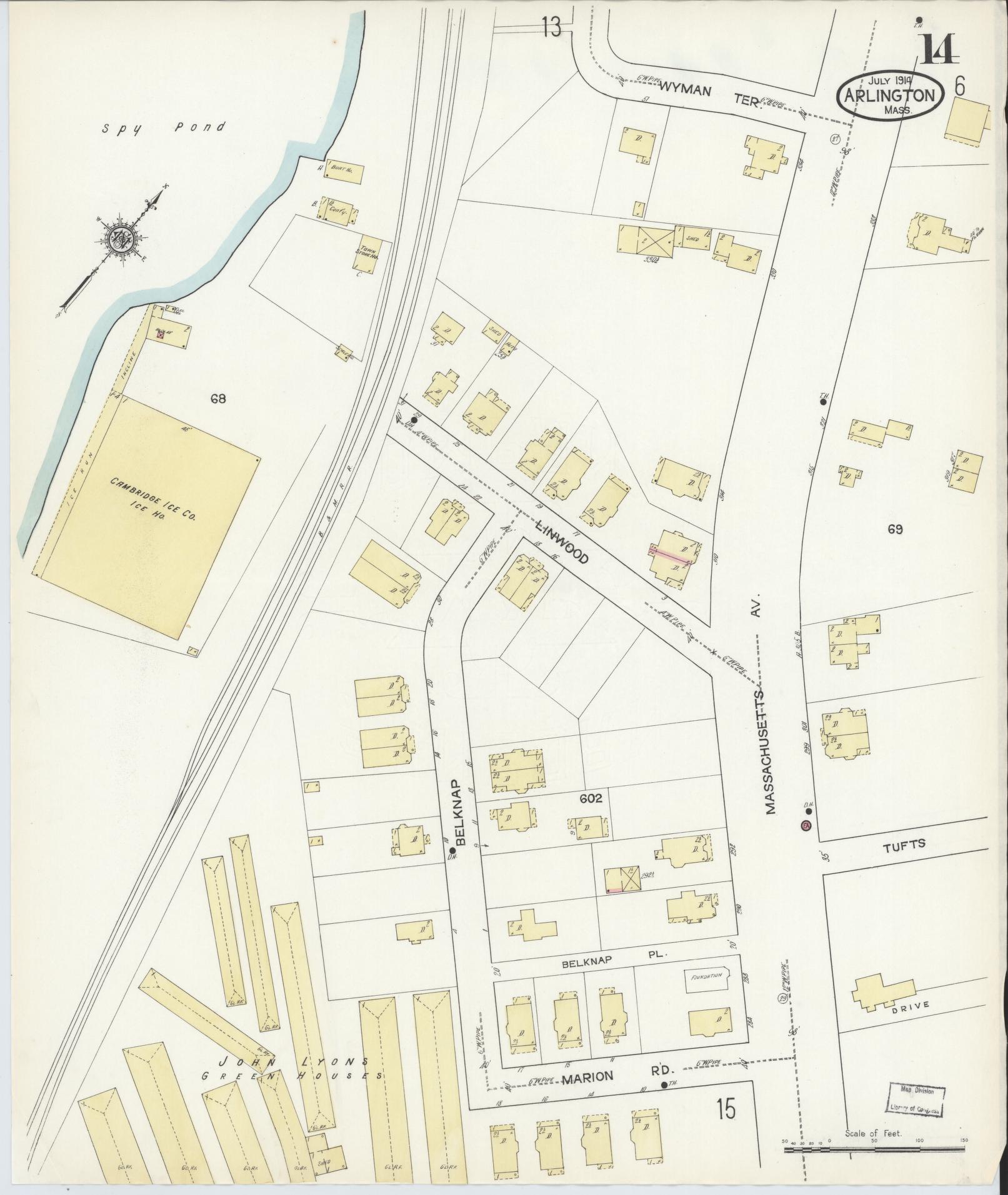 Sanborn Fire Insurance Map from Arlington, Middlesex County, Massachusetts (1914), Sheet #0014 - Historic Sanborn Fire Insurance Map Print, vintage old map wall art, antique decor, genealogy gift, Massachusetts Massachusetts map