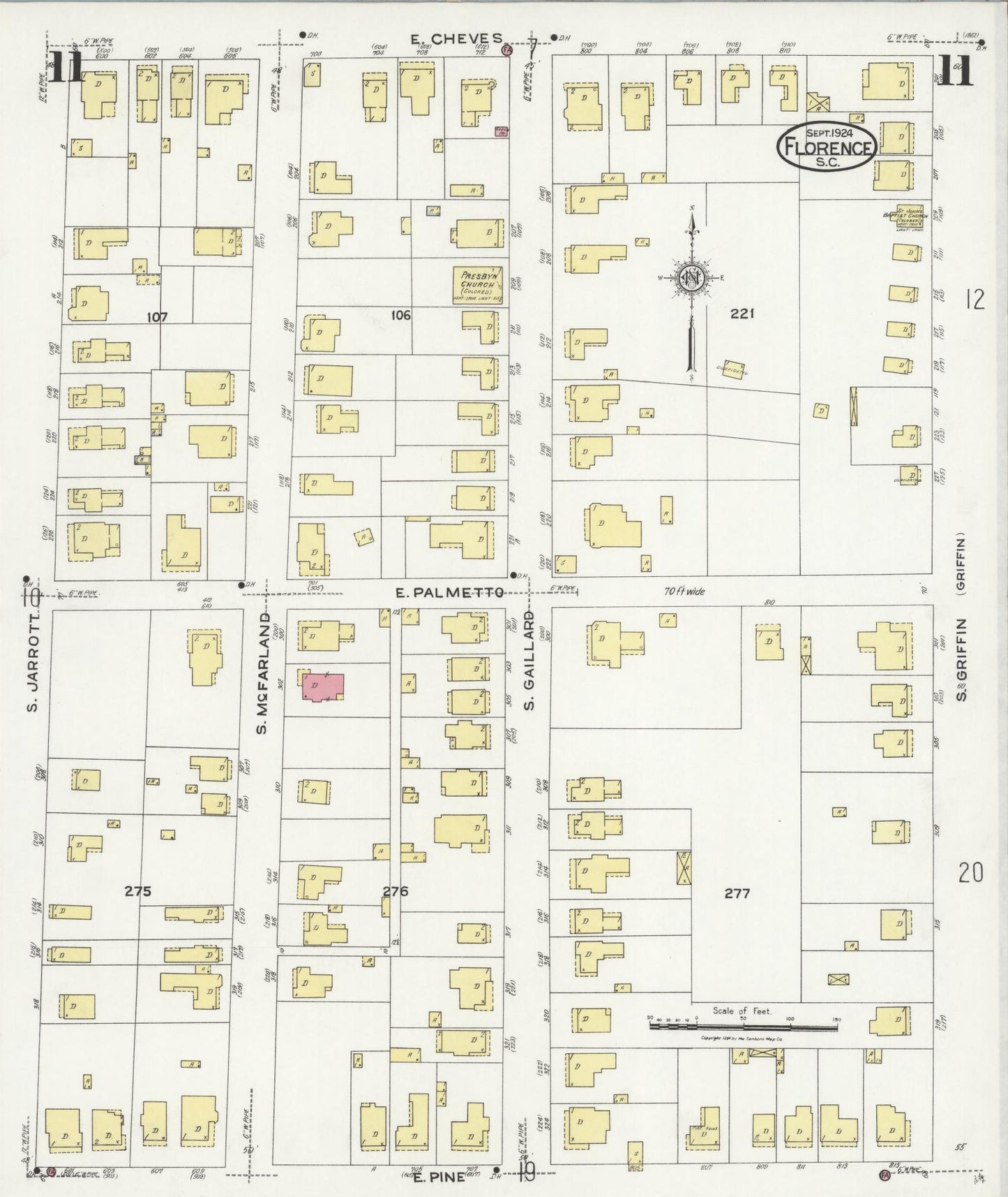 Sanborn Fire Insurance Map from Florence, Florence County, South Carolina (1924), Sheet #0011 - Historic Sanborn Fire Insurance Map Print, vintage old map wall art, antique decor, genealogy gift, South Carolina South Carolina map