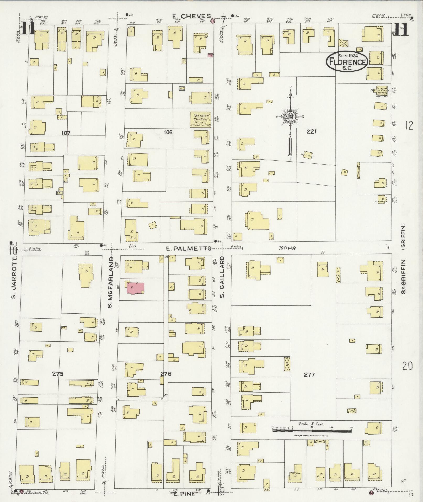 Sanborn Fire Insurance Map from Florence, Florence County, South Carolina (1924), Sheet #0011 - Historic Sanborn Fire Insurance Map Print, vintage old map wall art, antique decor, genealogy gift, South Carolina South Carolina map
