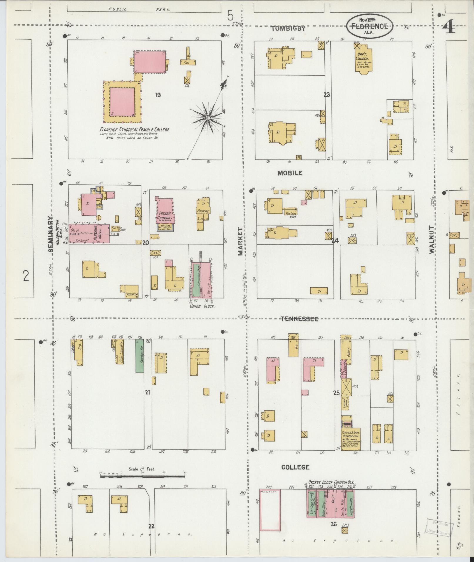 Sanborn Fire Insurance Map from Florence, Lauderdale County, Alabama (1899), Sheet #0004 - Historic Sanborn Fire Insurance Map Print, vintage old map wall art, antique decor, genealogy gift, Alabama Alabama map