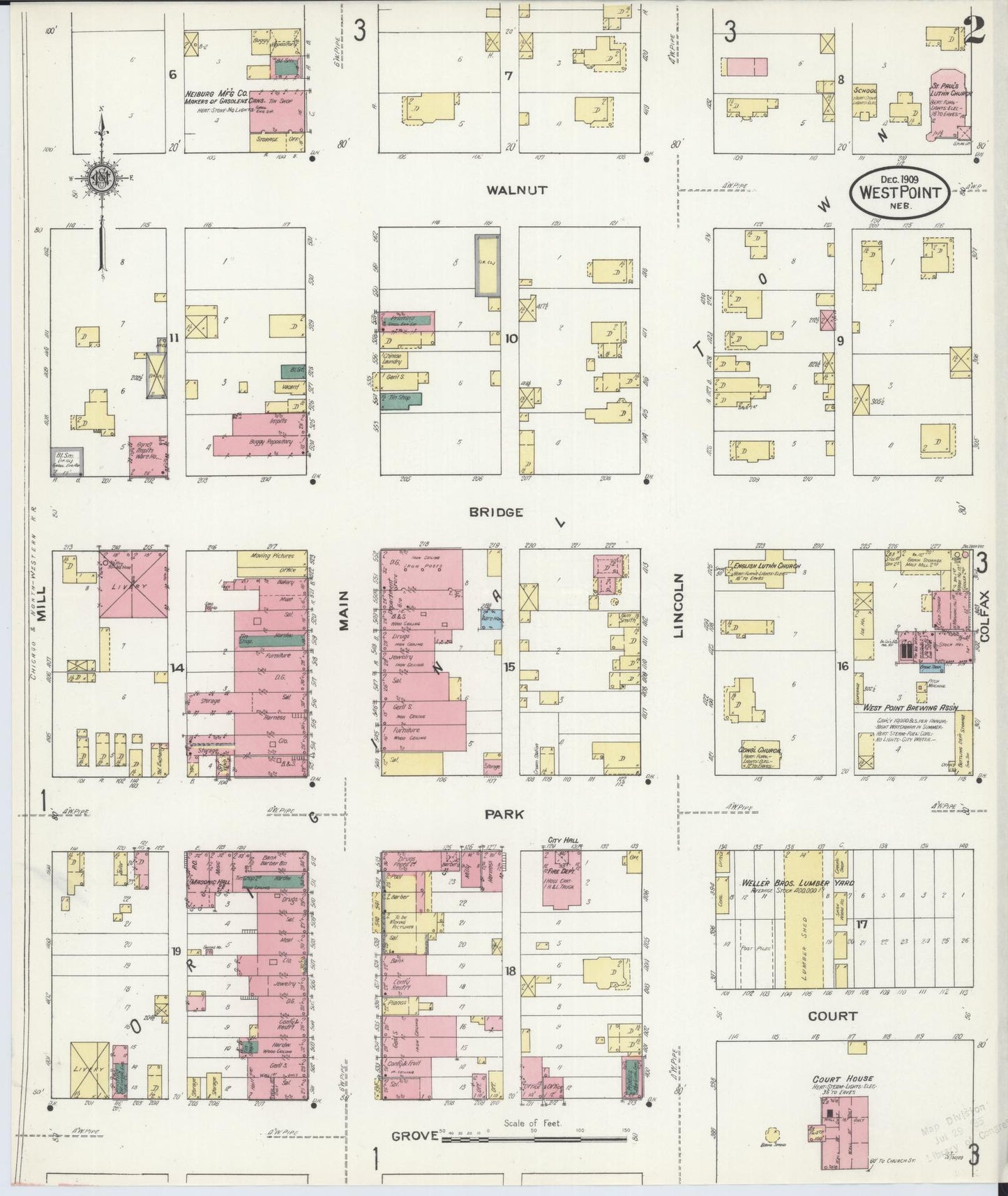 Sanborn Fire Insurance Map from West Point, Cuming County, Nebraska (1909), Sheet #0002 - Complete Map Set gallery image, historic Sanborn map, vintage wall art, Nebraska Nebraska