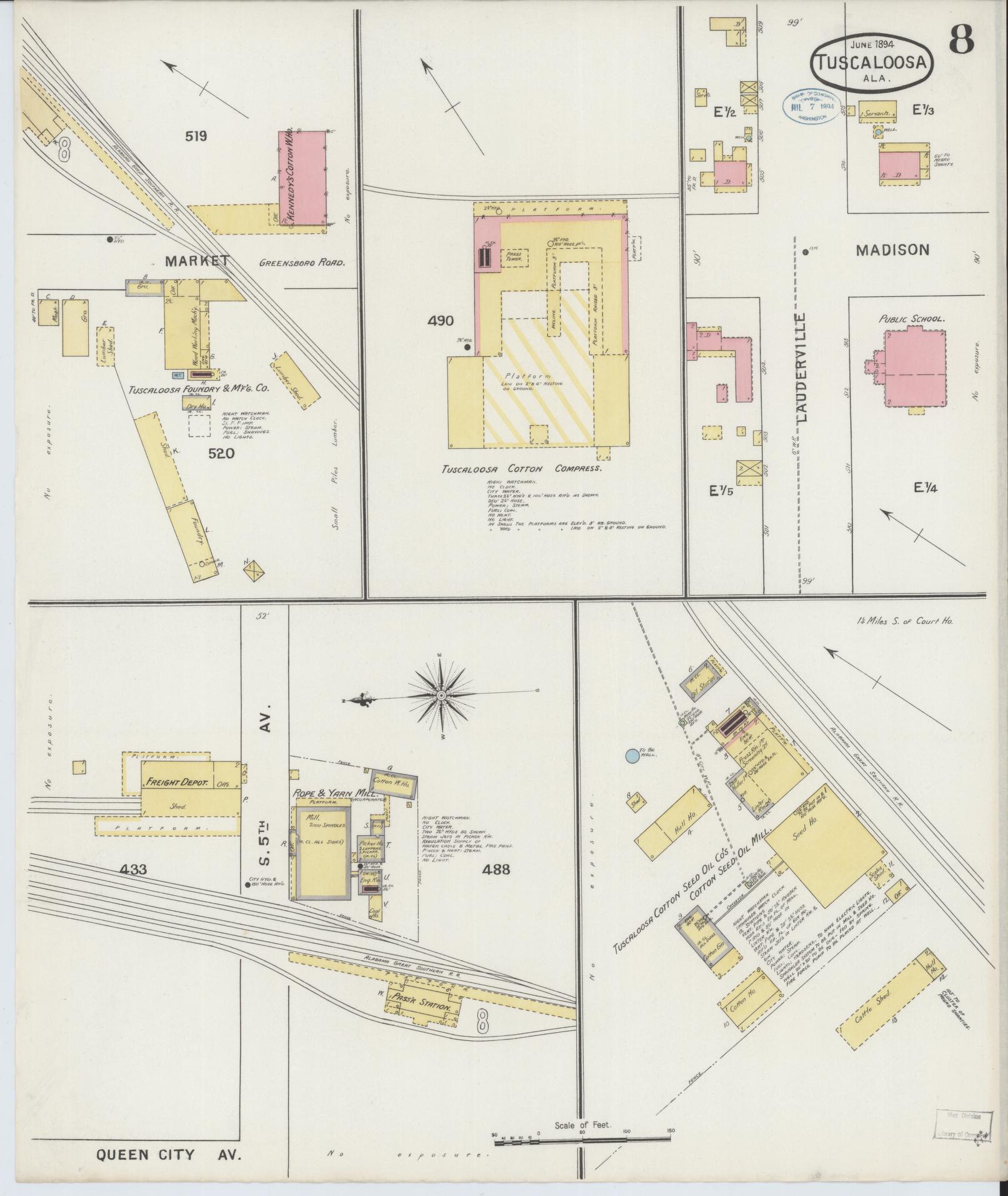 Sanborn Fire Insurance Map from Tuscaloosa, Tuscaloosa County, Alabama (1894), Sheet #0008 - Complete Map Set gallery image, historic Sanborn map, vintage wall art, Alabama Alabama