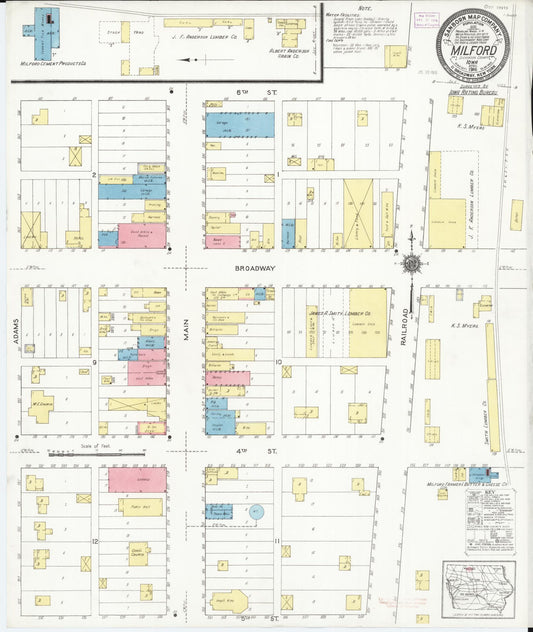 Sanborn Fire Insurance Map from Milford, Dickinson County, Iowa (1916), Sheet #0001 - Historic Sanborn Fire Insurance Map Print, vintage old map wall art