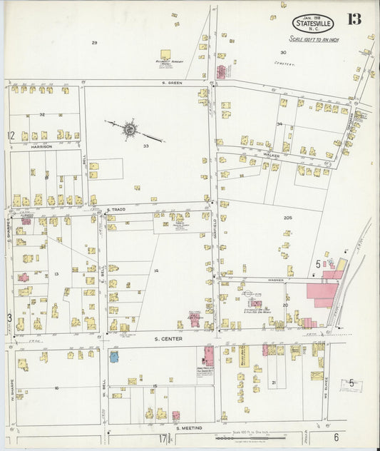 Sanborn Fire Insurance Map from Statesville, Iredell County, North Carolina (1918), Sheet #0013 - Historic Sanborn Fire Insurance Map Print, vintage old map wall art, antique decor, genealogy gift, North Carolina North Carolina map