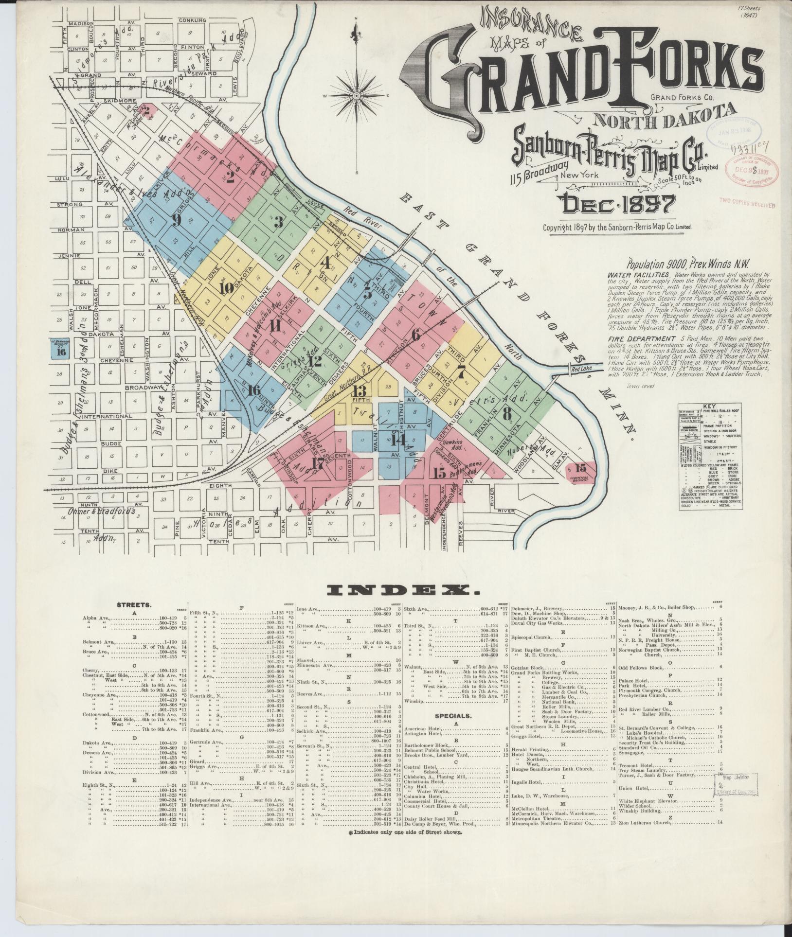 Sanborn Fire Insurance Map from Grand Forks, Grand Forks County, North Dakota (1897), Sheet #0001 - Historic Sanborn Fire Insurance Map Print, vintage old map wall art, antique decor, genealogy gift, North Dakota North Dakota map