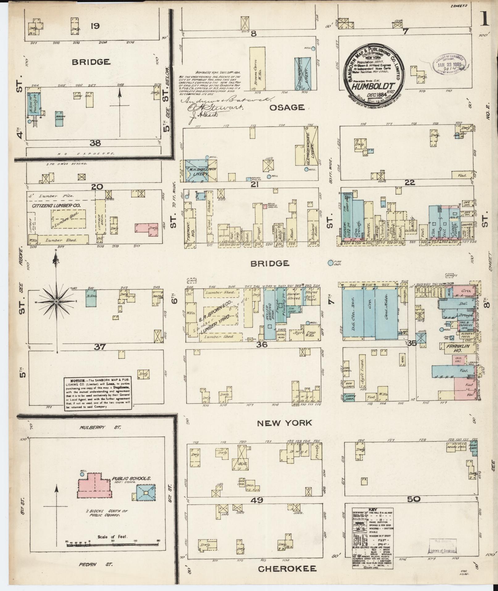 Sanborn Fire Insurance Map from Humboldt, Allen County, Kansas (1884), Sheet #0001 - Historic Sanborn Fire Insurance Map Print, vintage old map wall art, antique decor, genealogy gift, Kansas Kansas map