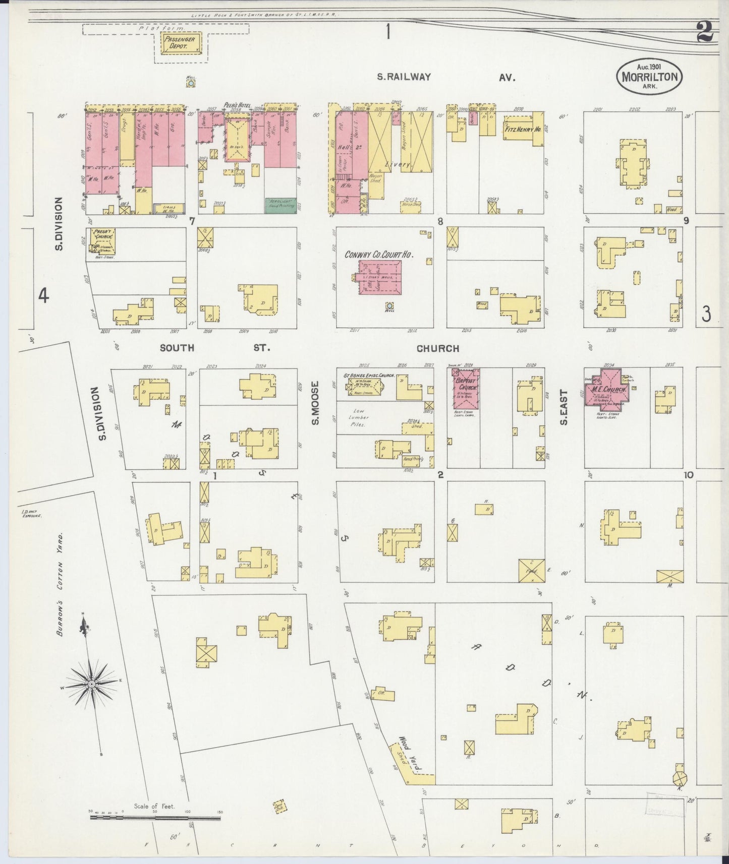 Sanborn Fire Insurance Map from Morrilton, Conway County, Arkansas (1901), Sheet #0002 - Complete Map Set gallery image, historic Sanborn map, vintage wall art, Arkansas Arkansas