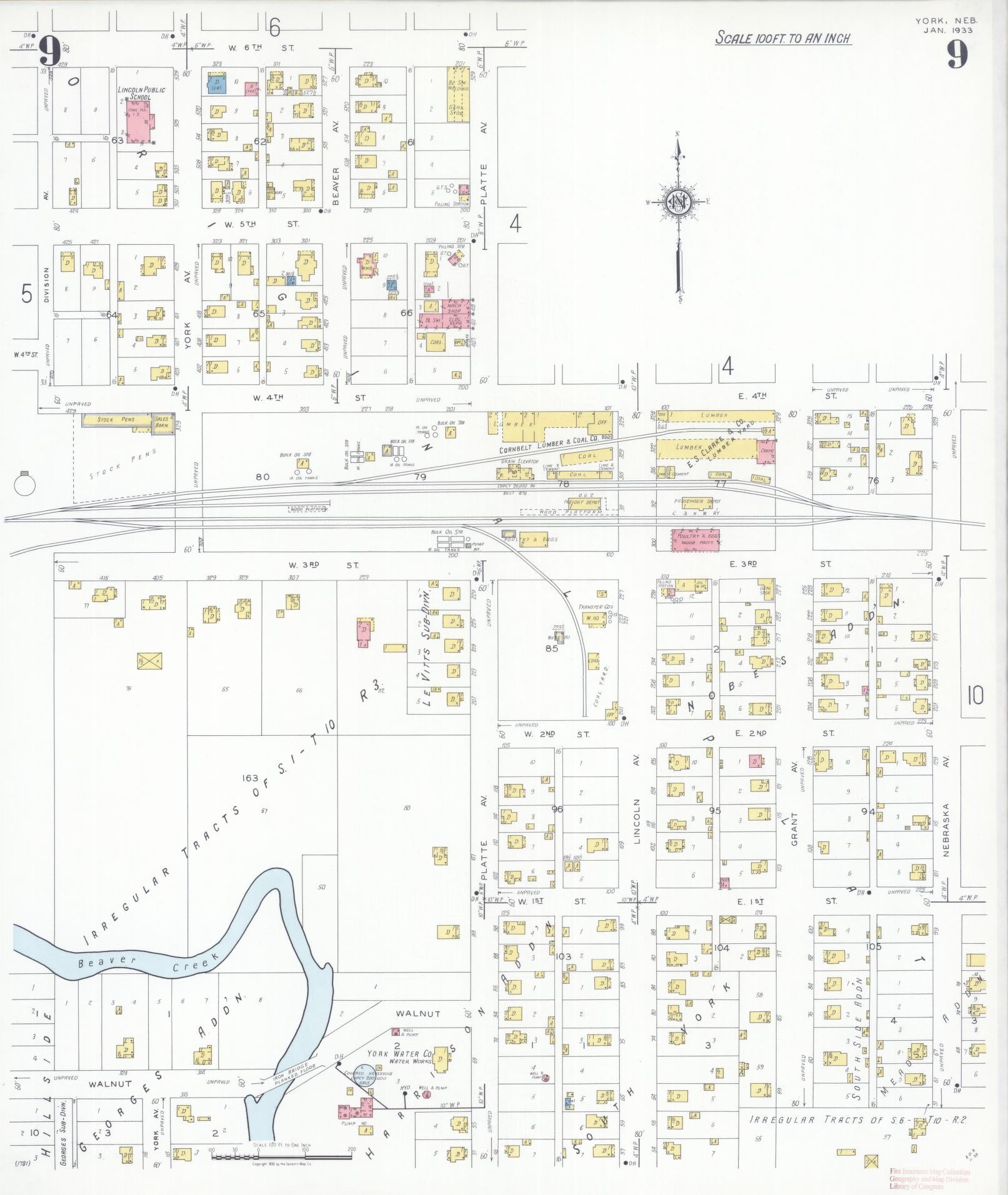 Sanborn Fire Insurance Map from York, York County, Nebraska (1933), Sheet #0009 - Historic Sanborn Fire Insurance Map Print, vintage old map wall art, antique decor, genealogy gift, Nebraska Nebraska map