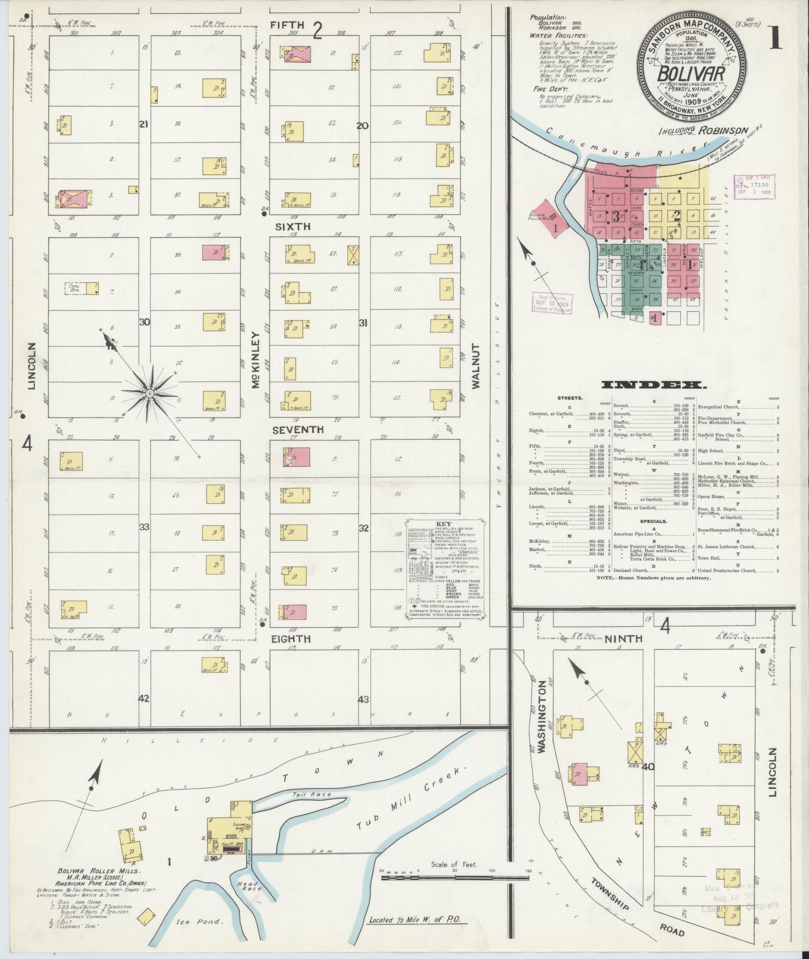 Sanborn Fire Insurance Map from Bolivar, Westmoreland County, Pennsylvania (1909), Sheet #0001 - Historic Sanborn Fire Insurance Map Print, vintage old map wall art, antique decor, genealogy gift, Indiana Indiana map