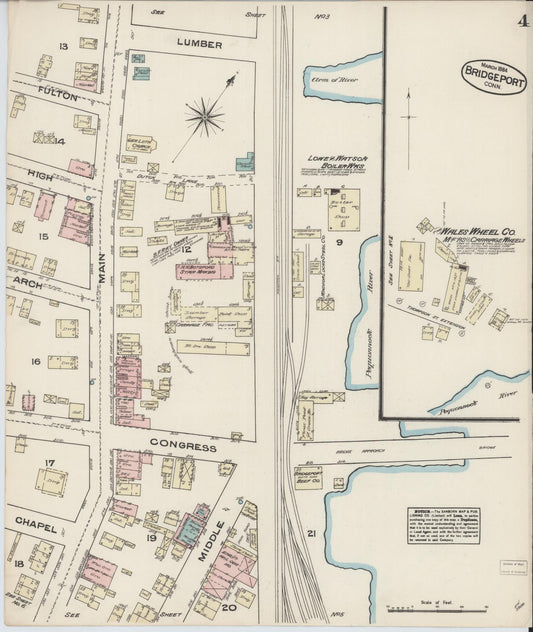 Sanborn Fire Insurance Map from Bridgeport, Fairfield County, Connecticut (1884), Sheet #0004 - Historic Sanborn Fire Insurance Map Print, vintage old map wall art, antique decor, genealogy gift, Connecticut Connecticut map