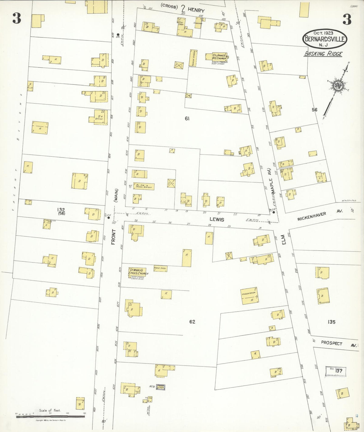 Sanborn Fire Insurance Map from Bernardsville, Somerset County, New Jersey (1923), Sheet #0003 - Historic Sanborn Fire Insurance Map Print, vintage old map wall art, antique decor, genealogy gift, New Jersey New Jersey map