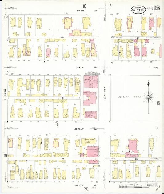 Sanborn Fire Insurance Map from Clinton, Clinton County, Iowa (1909), Sheet #0015 - Historic Sanborn Fire Insurance Map Print, vintage old map wall art