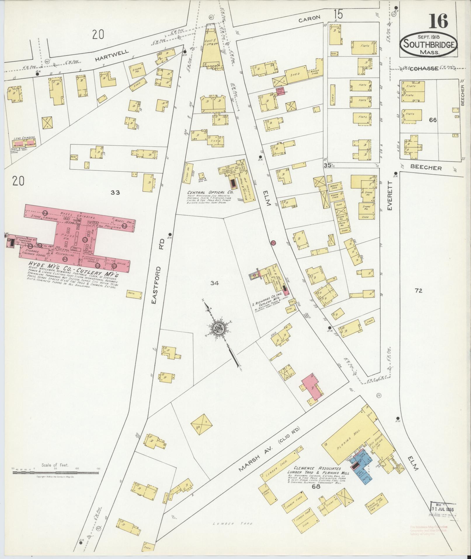 Sanborn Fire Insurance Map from Southbridge, Worcester County, Massachusetts (1918), Sheet #0016 - Historic Sanborn Fire Insurance Map Print, vintage old map wall art, antique decor, genealogy gift, Massachusetts Massachusetts map
