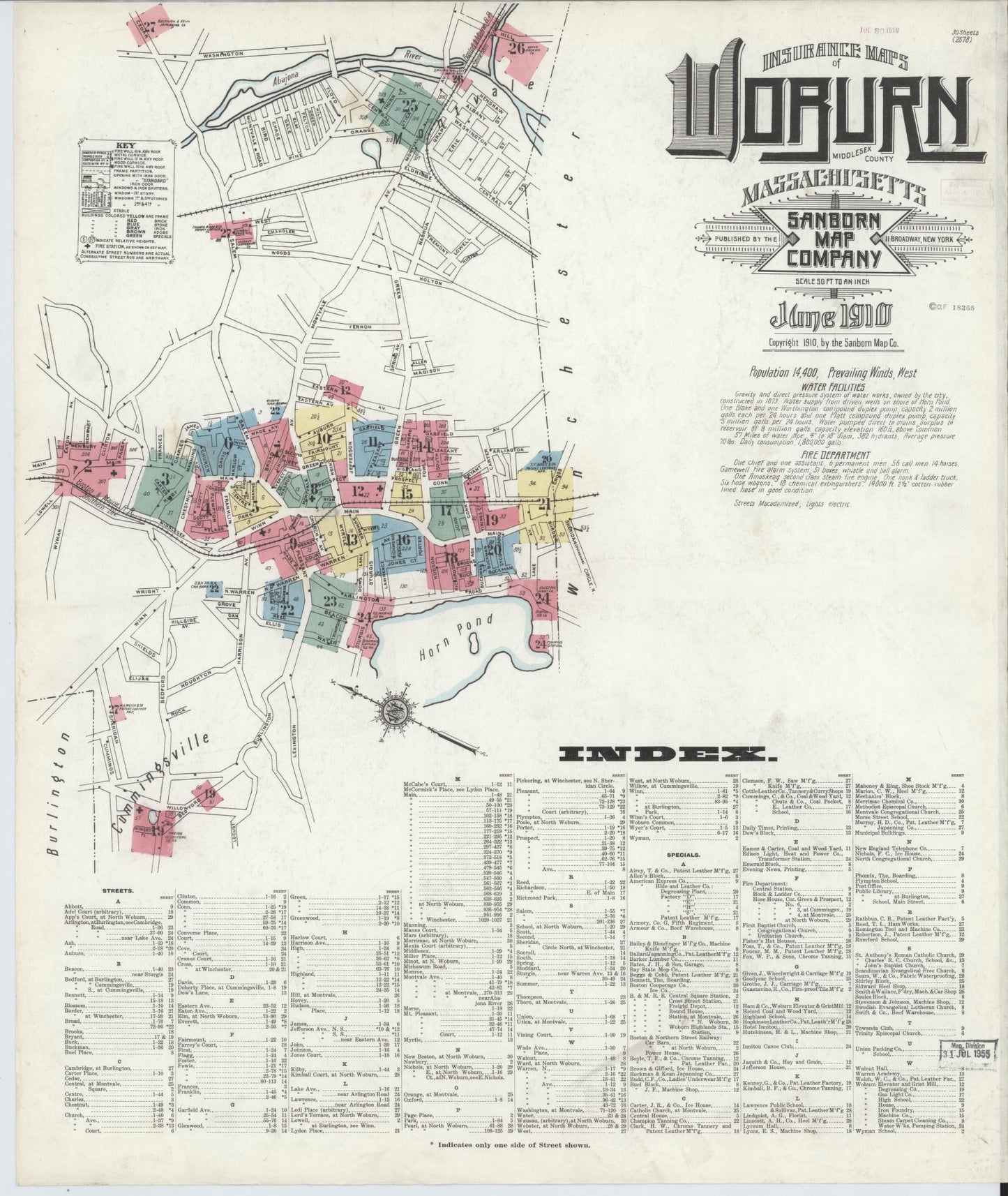 Sanborn Fire Insurance Map from Woburn, Middlesex County, Massachusetts (1910), Sheet #0001 - Historic Sanborn Fire Insurance Map Print, vintage old map wall art, antique decor, genealogy gift, Massachusetts Massachusetts map