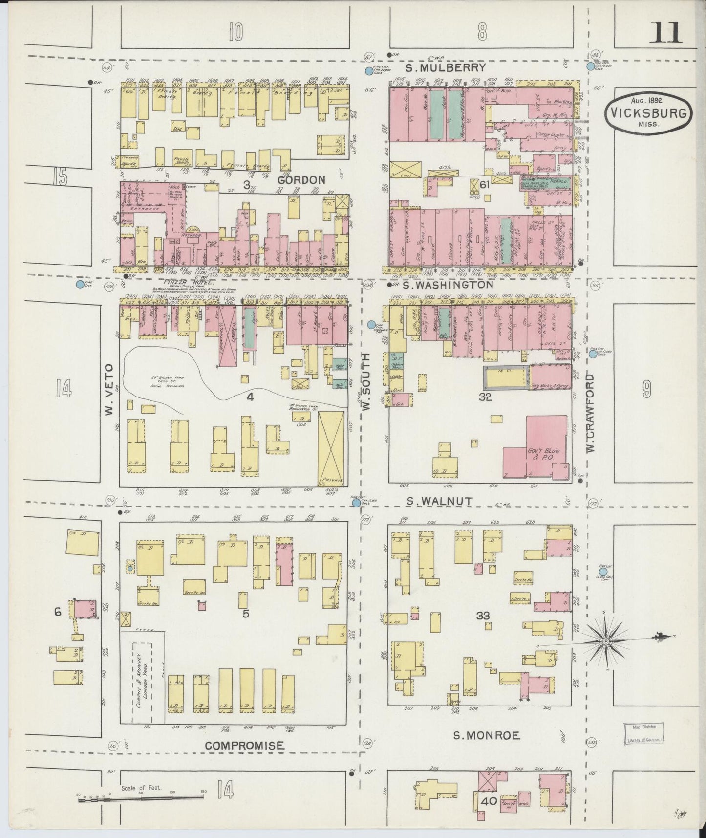 Sanborn Fire Insurance Map from Vicksburg, Warren County, Mississippi (1892), Sheet #0011 - Complete Map Set gallery image, historic Sanborn map, vintage wall art, Mississippi Mississippi