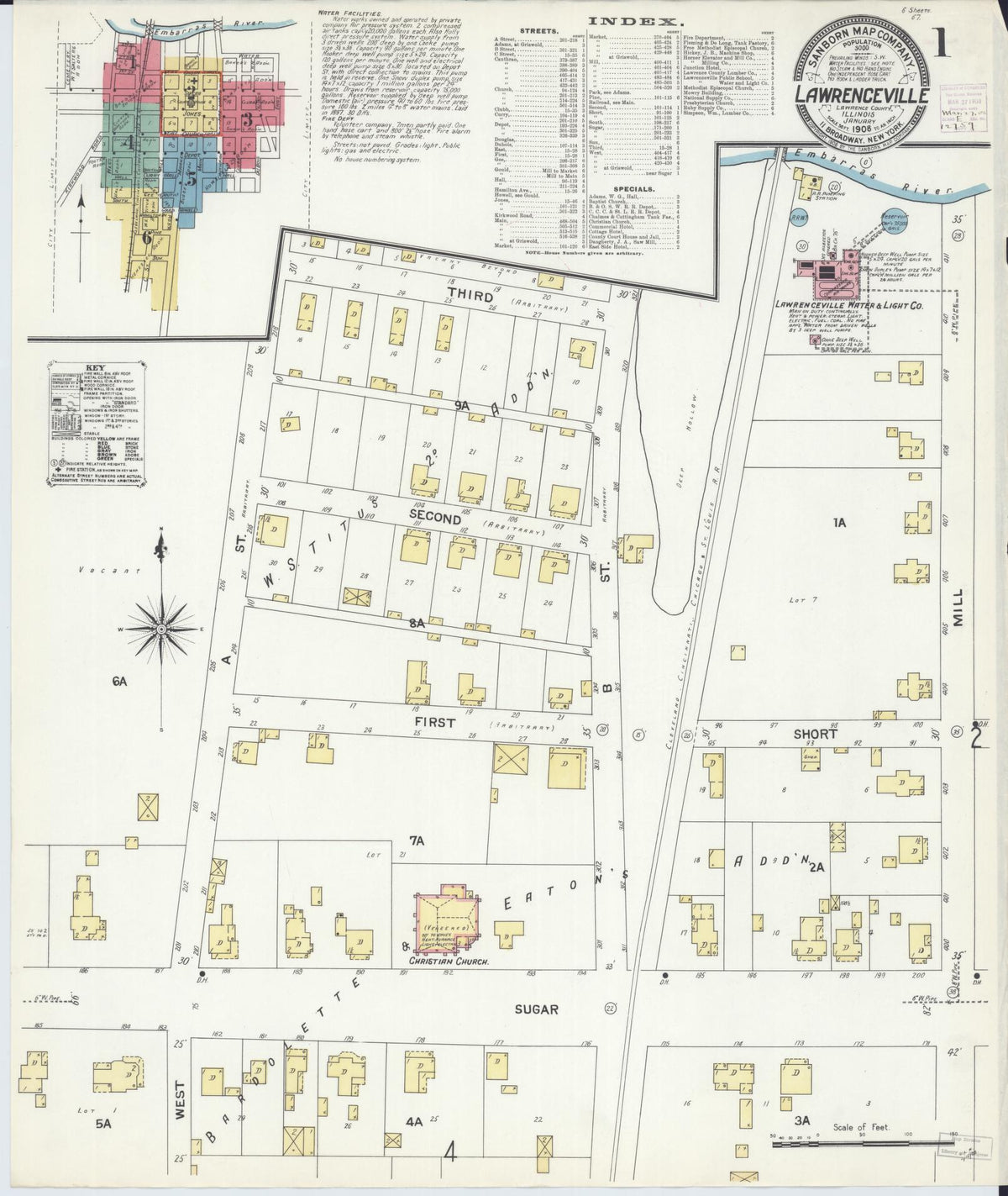 Sanborn Fire Insurance Map from Lawrenceville, Lawrence County, Illinois (1908), Sheet #0001 - Complete Map Set gallery image, historic Sanborn map, vintage wall art, Illinois Illinois