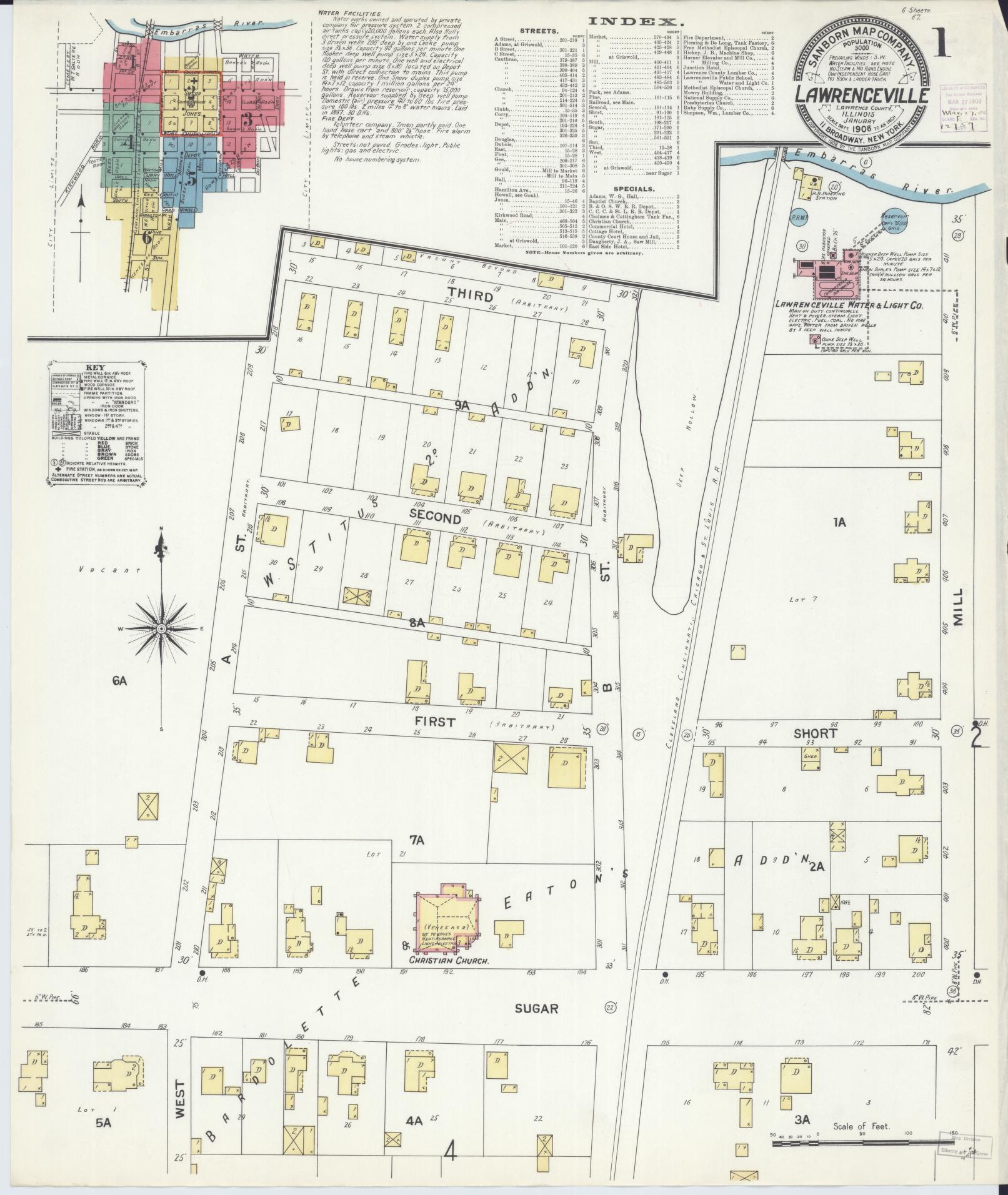 Sanborn Fire Insurance Map from Lawrenceville, Lawrence County, Illinois (1908), Sheet #0001 - Complete Map Set gallery image, historic Sanborn map, vintage wall art, Illinois Illinois