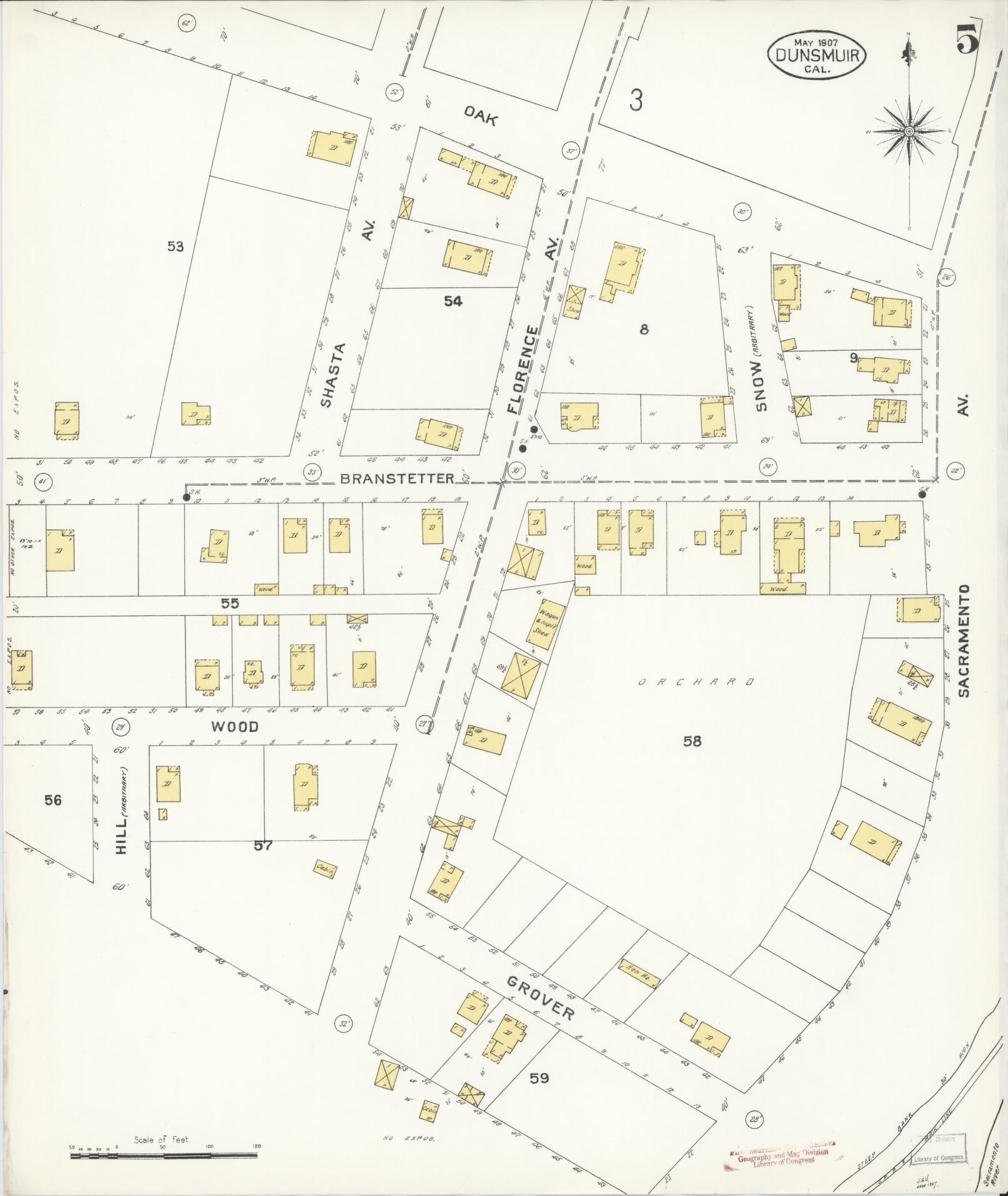 Sanborn Fire Insurance Map from Dunsmuir, Siskiyou County, California (1907), Sheet #0005 - Historic Sanborn Fire Insurance Map Print, vintage old map wall art, antique decor, genealogy gift, California California map