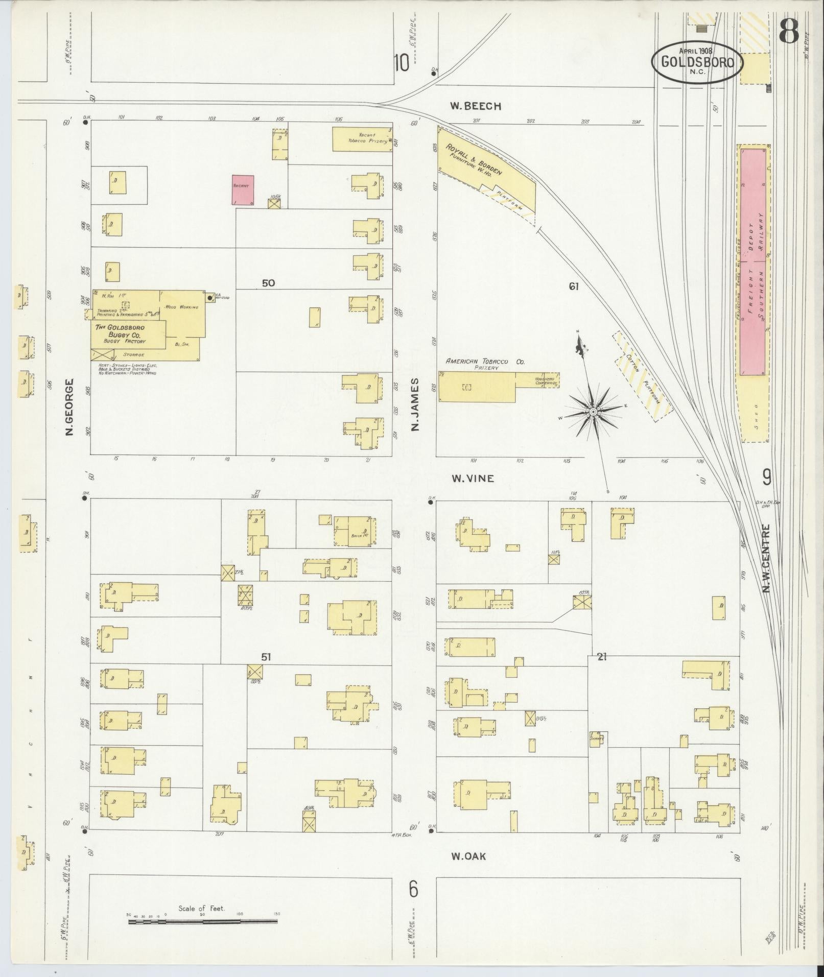 Sanborn Fire Insurance Map from Goldsboro, Wayne County, North Carolina (1908), Sheet #0008 - Complete Map Set gallery image, historic Sanborn map, vintage wall art, North Carolina North Carolina