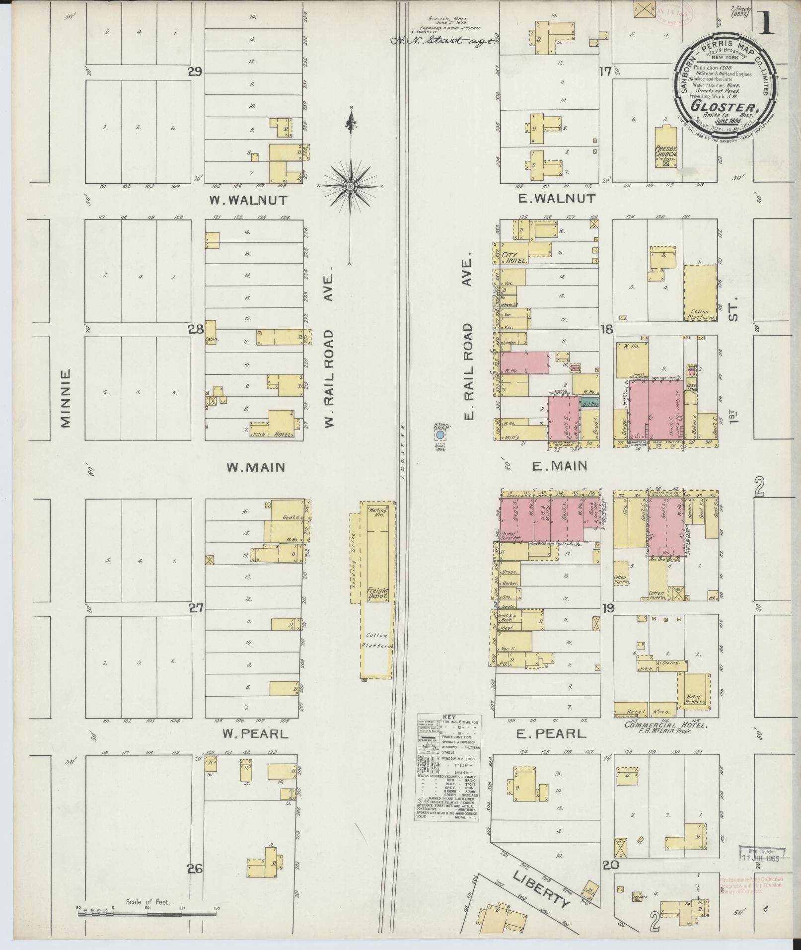 Sanborn Fire Insurance Map from Gloster, Amite County, Mississippi (1893), Sheet #0001 - Historic Sanborn Fire Insurance Map Print, vintage old map wall art, antique decor, genealogy gift, Mississippi Mississippi map