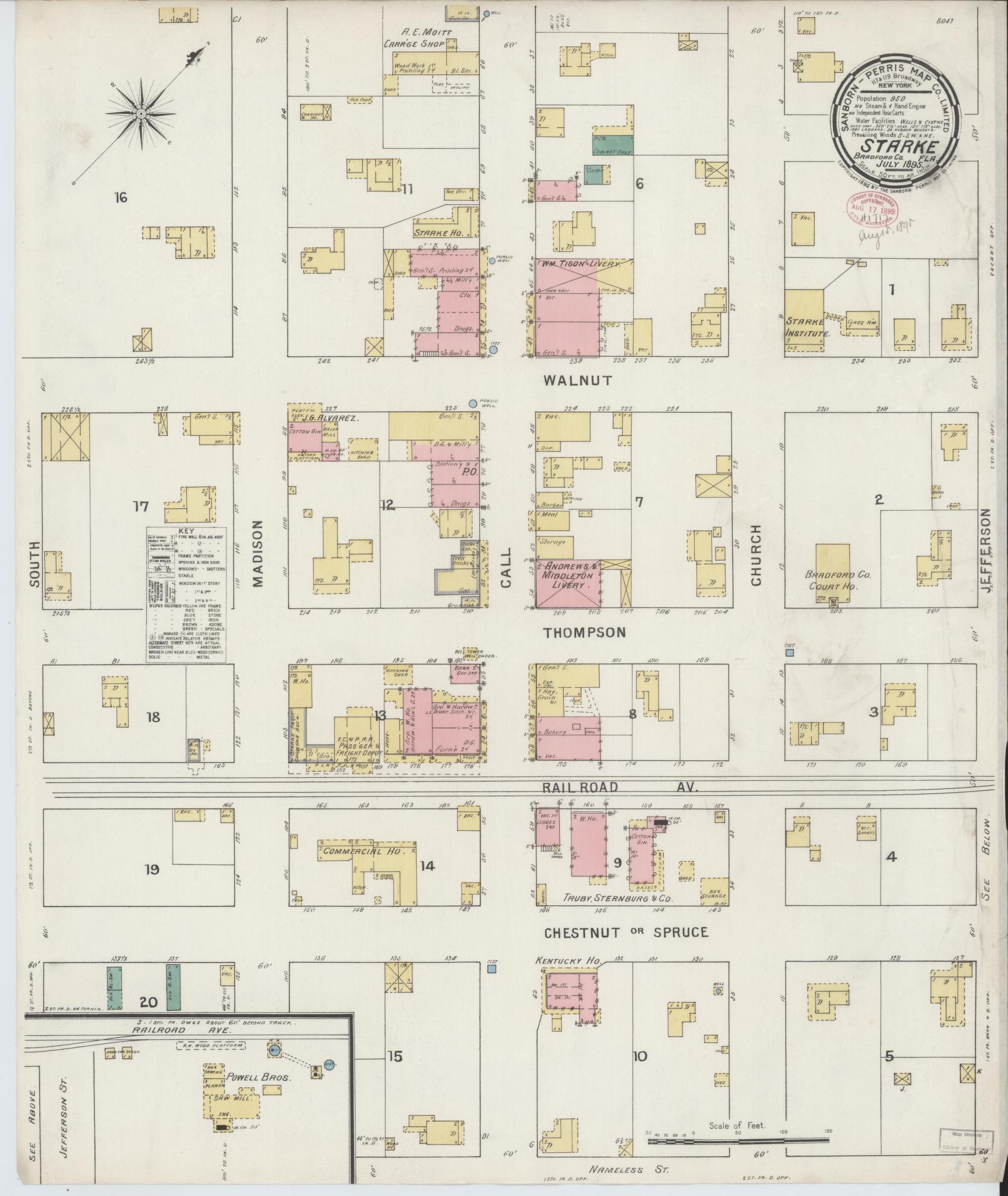 Sanborn Fire Insurance Map from Starke, Bradford County, Florida (1895), Sheet #0001 - Historic Sanborn Fire Insurance Map Print, vintage old map wall art, antique decor, genealogy gift, Florida Florida map
