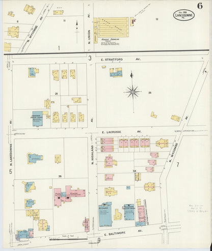 Sanborn Fire Insurance Map from Lansdowne, Delaware County, Pennsylvania (1908), Sheet #0006 - Historic Sanborn Fire Insurance Map Print, vintage old map wall art, antique decor, genealogy gift, Pennsylvania Pennsylvania map