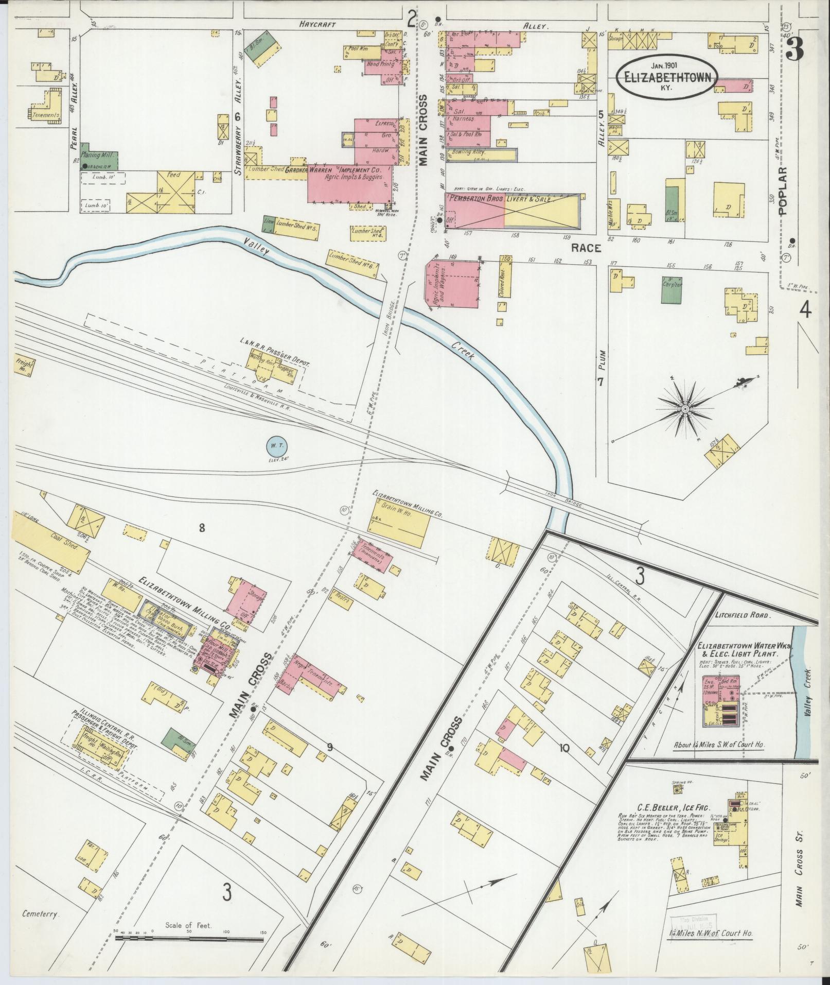 Sanborn Fire Insurance Map from Elizabethtown, Hardin County, Kentucky (1901), Sheet #0003 - Complete Map Set gallery image, historic Sanborn map, vintage wall art, Kentucky Kentucky