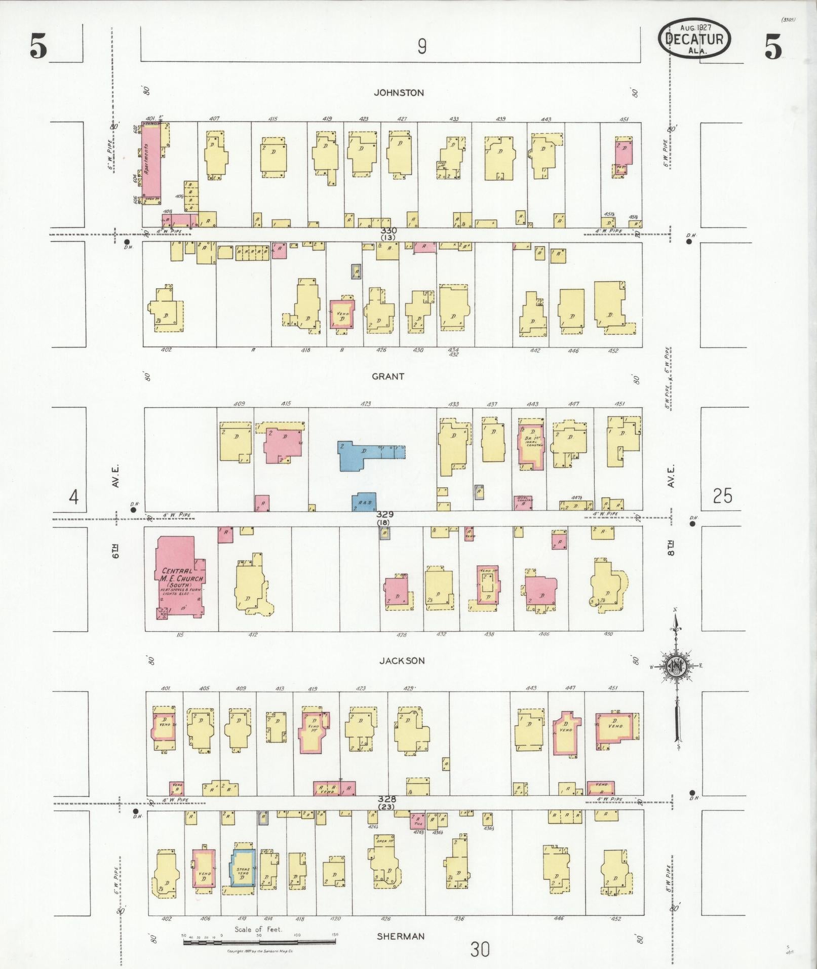 Sanborn Fire Insurance Map from Decatur, Morgan County, Alabama (1927), Sheet #0005 - Complete Map Set gallery image, historic Sanborn map, vintage wall art, Alabama Alabama