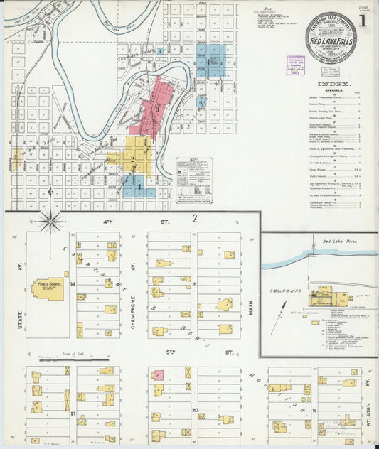 Sanborn Fire Insurance Map from Red Lake Falls, Red Lake County, Minnesota (1904), Sheet #0001 - Historic Sanborn Fire Insurance Map Print, vintage old map wall art, antique decor, genealogy gift, Minnesota Minnesota map