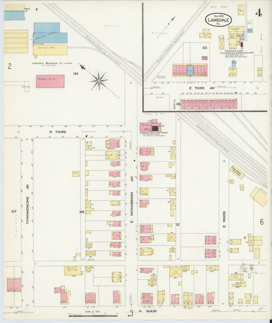 Sanborn Fire Insurance Map from Lansdale, Montgomery County, Pennsylvania (1912), Sheet #0004 - Historic Sanborn Fire Insurance Map Print, vintage old map wall art, antique decor, genealogy gift, Pennsylvania Pennsylvania map