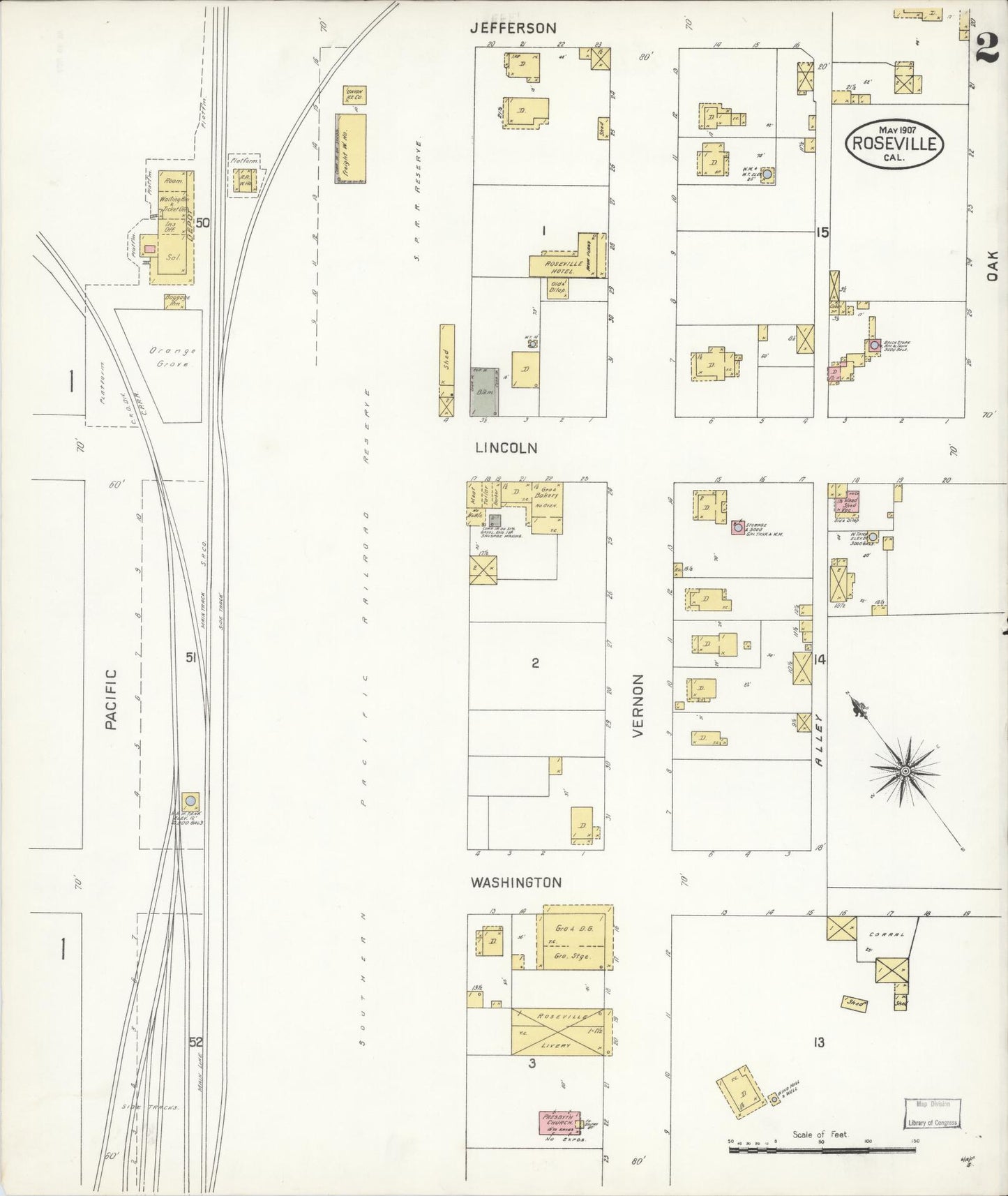 Sanborn Fire Insurance Map from Roseville, Placer County, California (1907), Sheet #0002 - Complete Map Set gallery image, historic Sanborn map, vintage wall art, California California