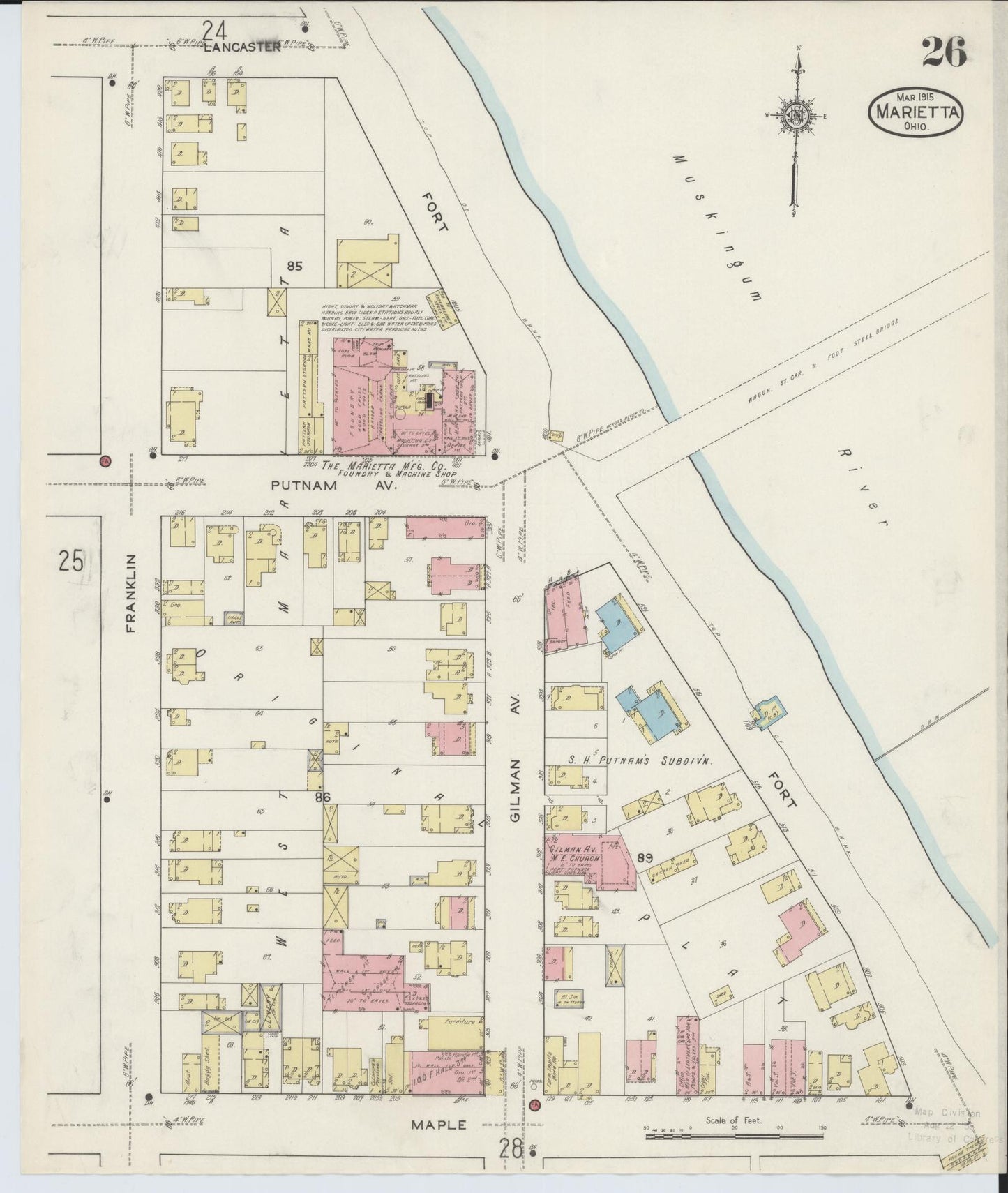 Sanborn Fire Insurance Map from Marietta, Washington County, Ohio (1915), Sheet #0026 - Historic Sanborn Fire Insurance Map Print, vintage old map wall art, antique decor, genealogy gift, Ohio Ohio map