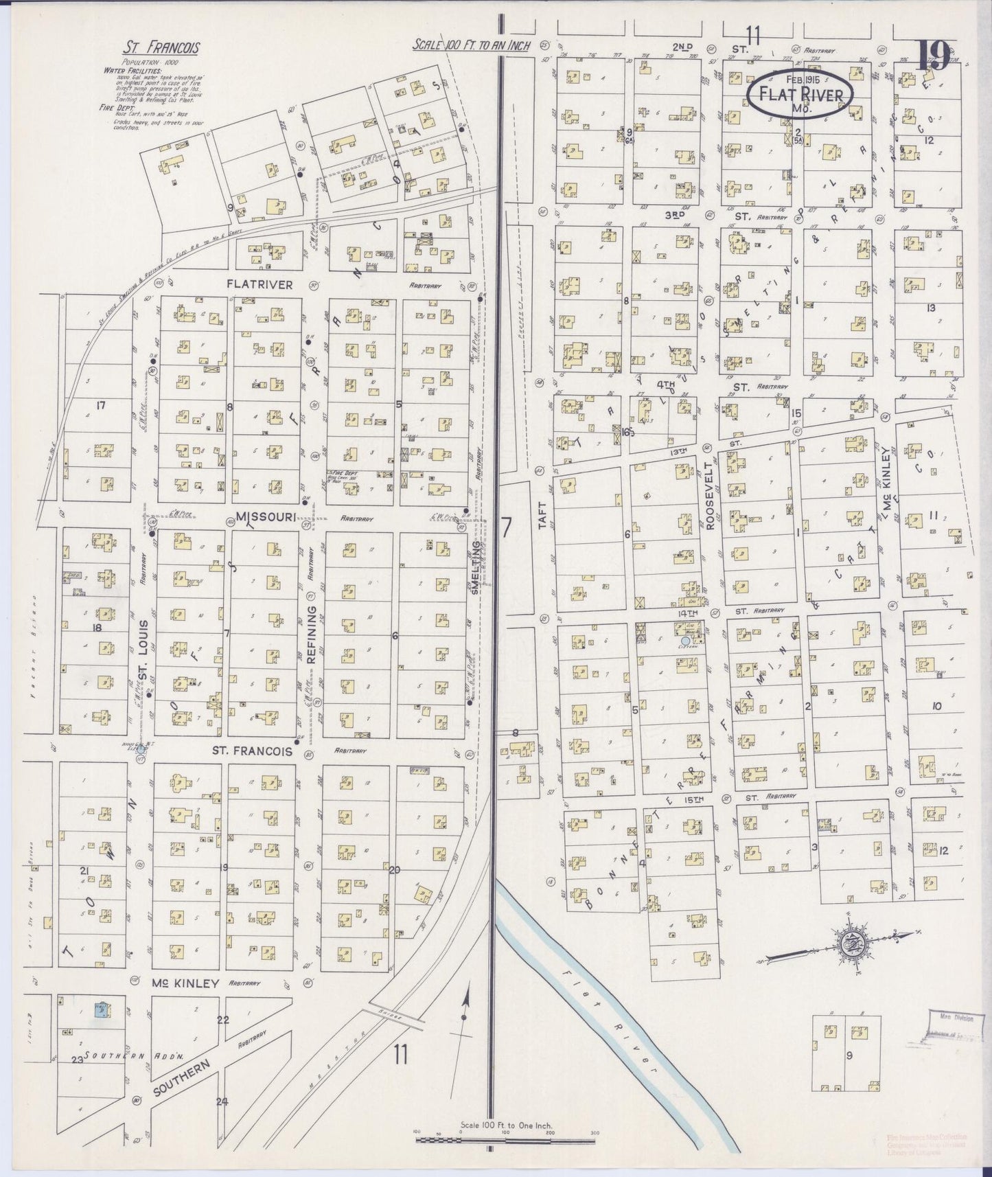 Sanborn Fire Insurance Map from Flat River, Saint Francois County, Missouri (1915), Sheet #0019 - Historic Sanborn Fire Insurance Map Print, vintage old map wall art, antique decor, genealogy gift, Missouri Missouri map