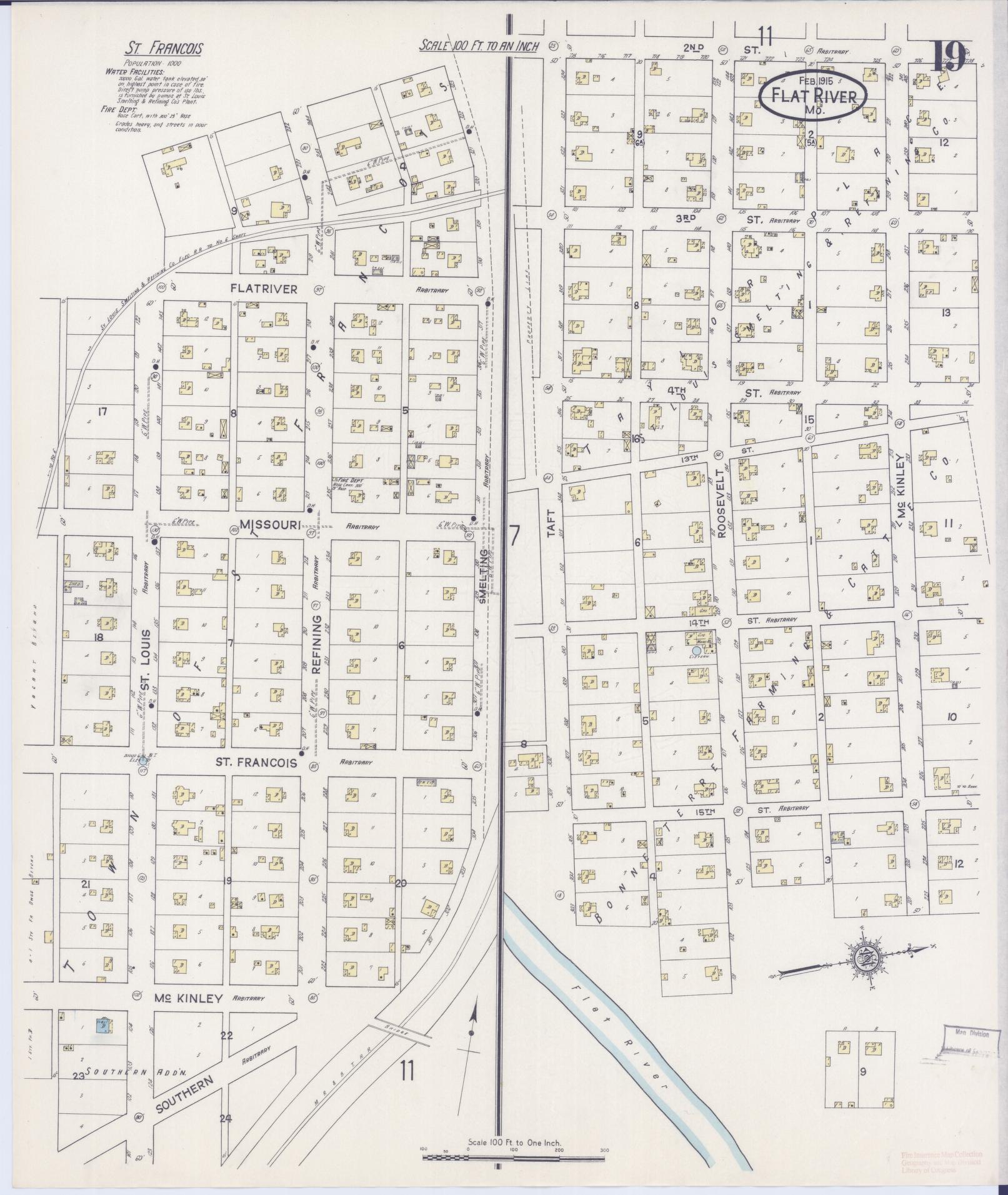 Sanborn Fire Insurance Map from Flat River, Saint Francois County, Missouri (1915), Sheet #0019 - Historic Sanborn Fire Insurance Map Print, vintage old map wall art, antique decor, genealogy gift, Missouri Missouri map