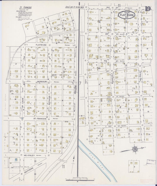 Sanborn Fire Insurance Map from Flat River, Saint Francois County, Missouri (1915), Sheet #0019 - Historic Sanborn Fire Insurance Map Print, vintage old map wall art, antique decor, genealogy gift, Missouri Missouri map