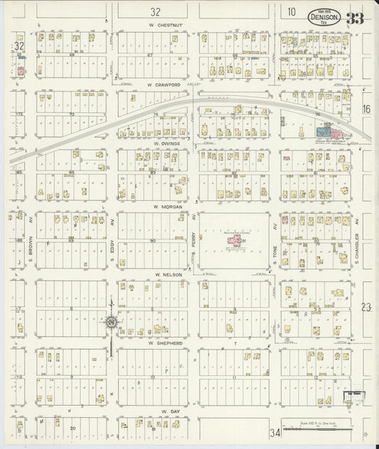 Sanborn Fire Insurance Map from Denison, Grayson County, Texas (1914), Sheet #0033 - Historic Sanborn Fire Insurance Map Print, vintage old map wall art, antique decor, genealogy gift, Texas Texas map