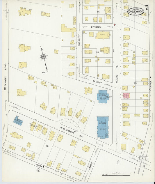 Sanborn Fire Insurance Map from Englewood, Bergen County, New Jersey (1915), Sheet #0007 - Historic Sanborn Fire Insurance Map Print, vintage old map wall art, antique decor, genealogy gift, New Jersey New Jersey map