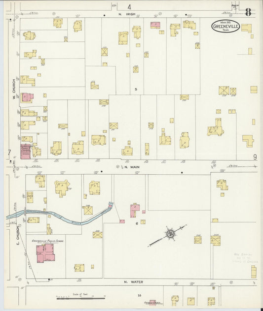 Sanborn Fire Insurance Map from Greeneville, Greene County, Tennessee (1913), Sheet #0008 - Historic Sanborn Fire Insurance Map Print, vintage old map wall art, antique decor, genealogy gift, Tennessee Tennessee map