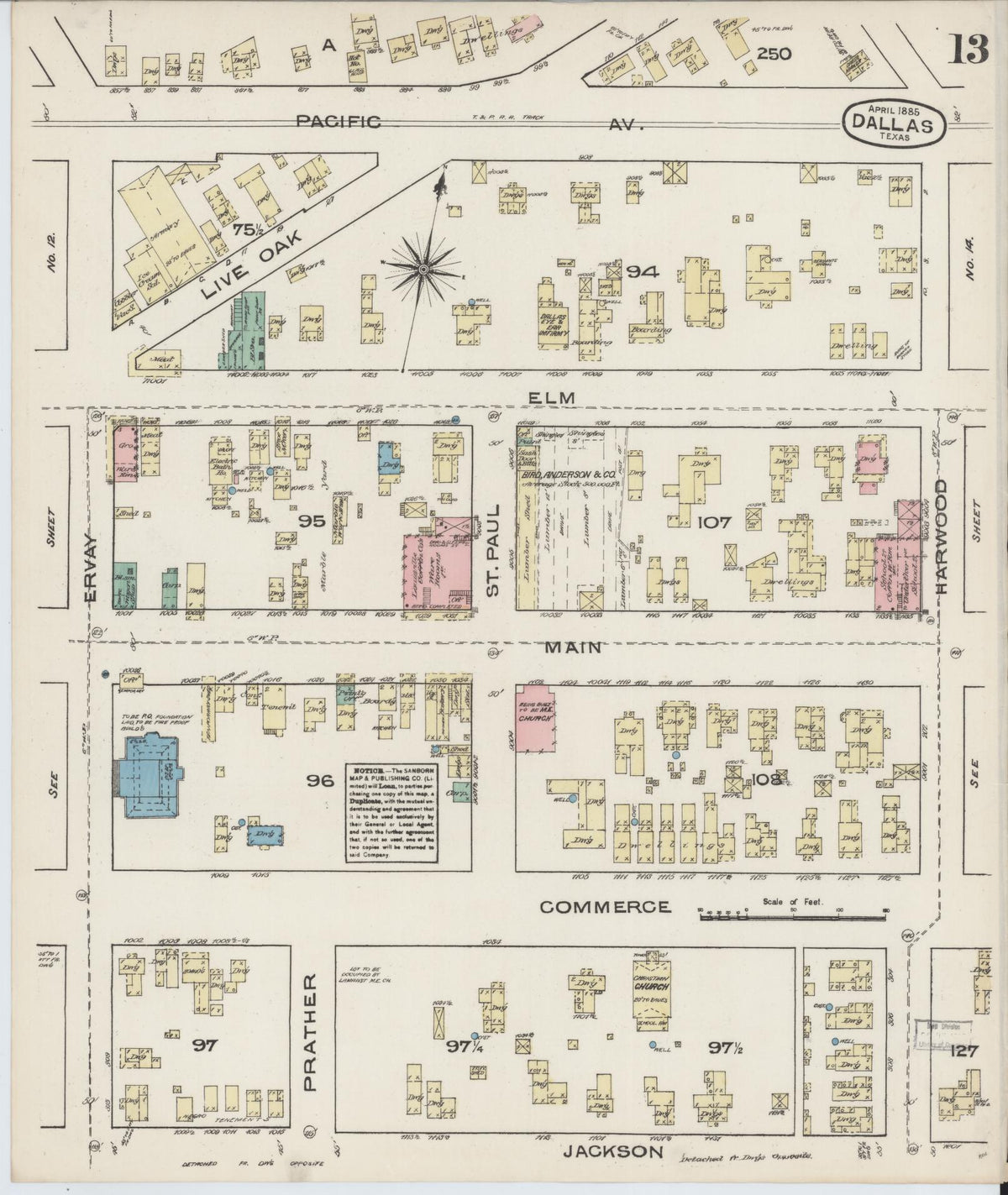 Sanborn Fire Insurance Map from Dallas, Dallas County, Texas (1885), Sheet #0013 - Complete Map Set gallery image, historic Sanborn map, vintage wall art, Texas Texas
