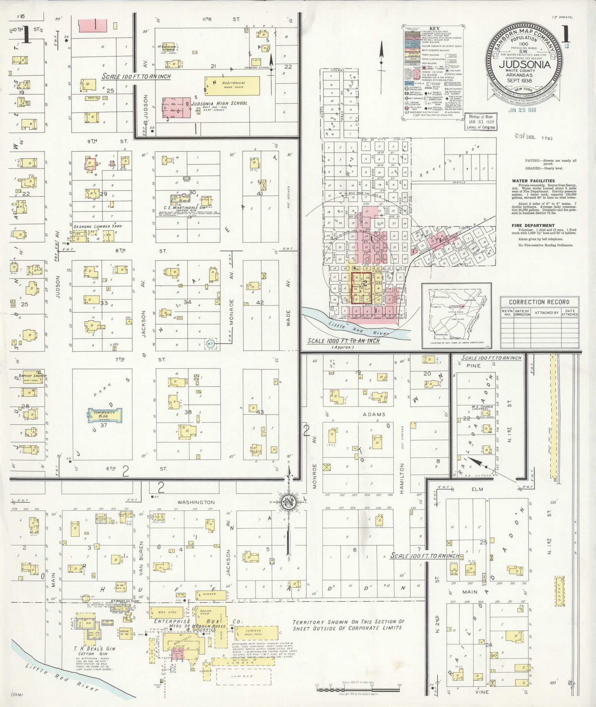 Sanborn Fire Insurance Map from Judsonia, White County, Arkansas (1938), Sheet #0001 - Historic Sanborn Fire Insurance Map Print, vintage old map wall art, antique decor, genealogy gift, Arkansas Arkansas map