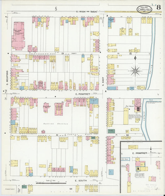 Sanborn Fire Insurance Map from Carlisle, Cumberland County, Pennsylvania (1909), Sheet #0008 - Historic Sanborn Fire Insurance Map Print, vintage old map wall art, antique decor, genealogy gift, Pennsylvania Pennsylvania map