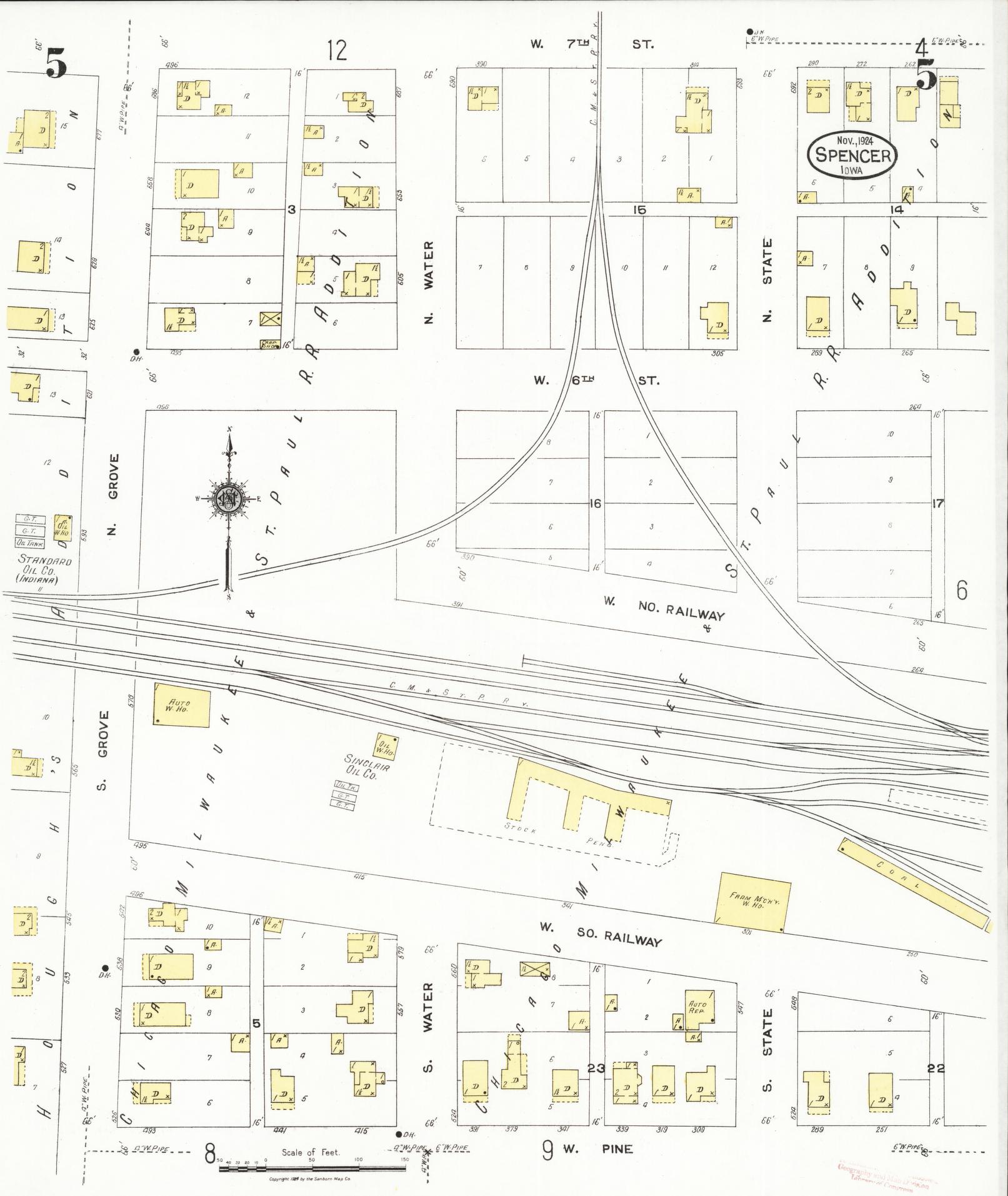 Sanborn Fire Insurance Map from Spencer, Clay County, Iowa (1924), Sheet #0005 - Historic Sanborn Fire Insurance Map Print, vintage old map wall art