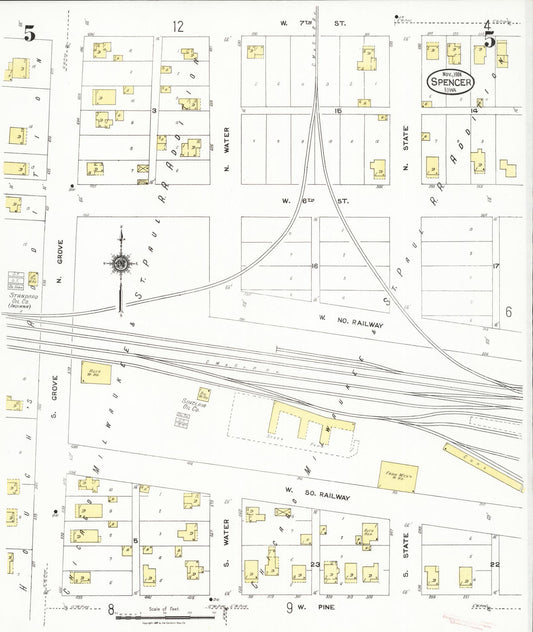 Sanborn Fire Insurance Map from Spencer, Clay County, Iowa (1924), Sheet #0005 - Historic Sanborn Fire Insurance Map Print, vintage old map wall art