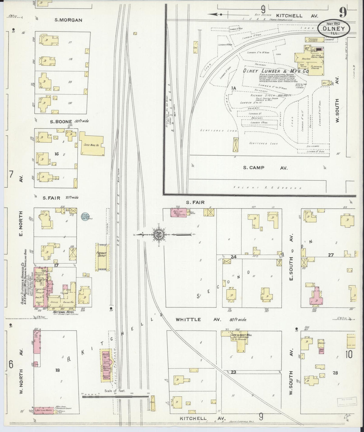 Sanborn Fire Insurance Map from Olney, Richland County, Illinois (1910), Sheet #0009 - Complete Map Set gallery image, historic Sanborn map, vintage wall art, Illinois Illinois