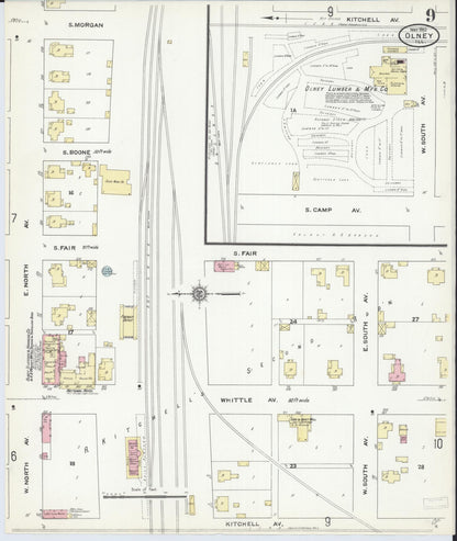Sanborn Fire Insurance Map from Olney, Richland County, Illinois (1910), Sheet #0009 - Complete Map Set gallery image, historic Sanborn map, vintage wall art, Illinois Illinois